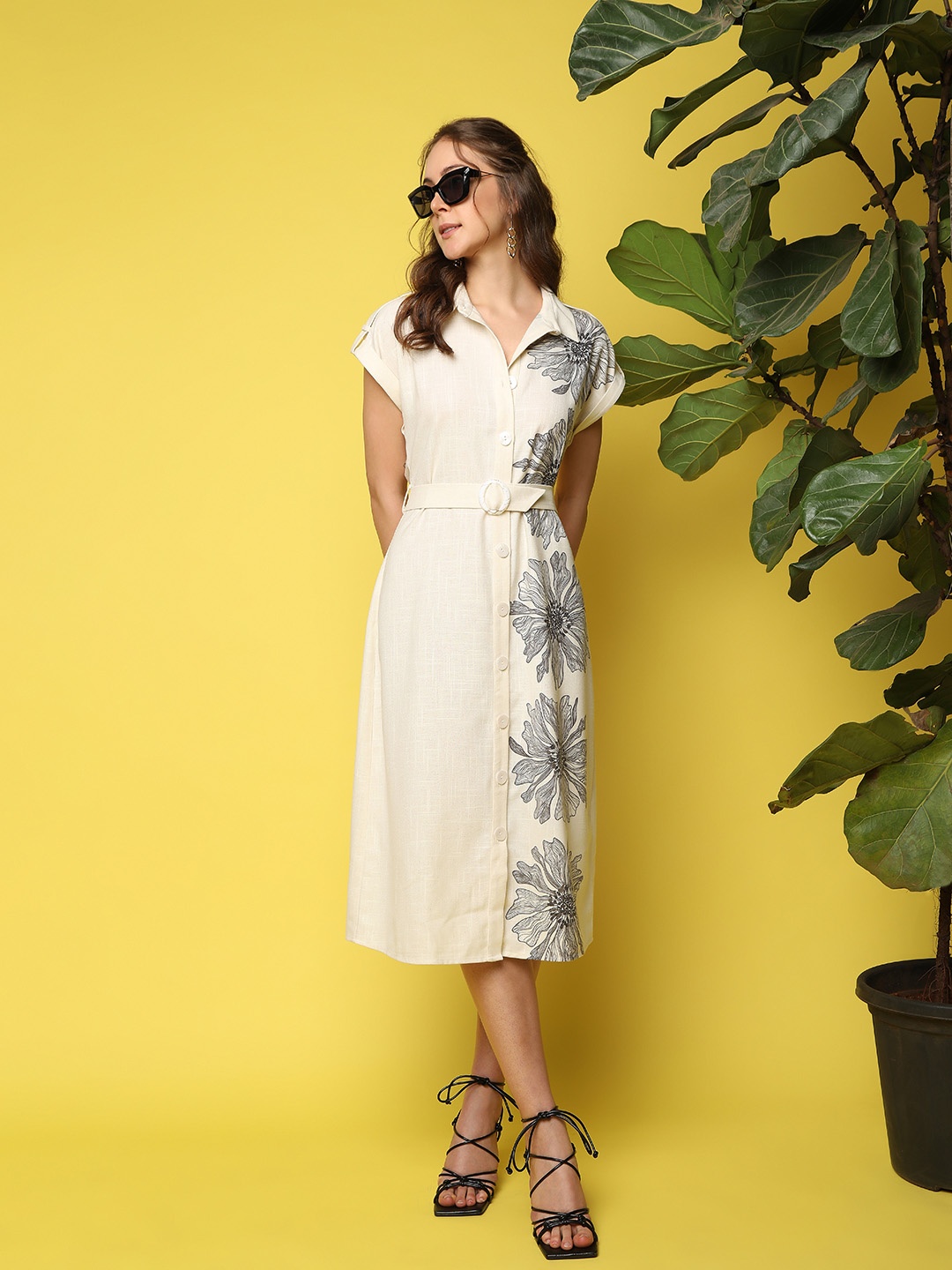 

Vero Moda Floral Printed Shirt Midi Dress, Beige