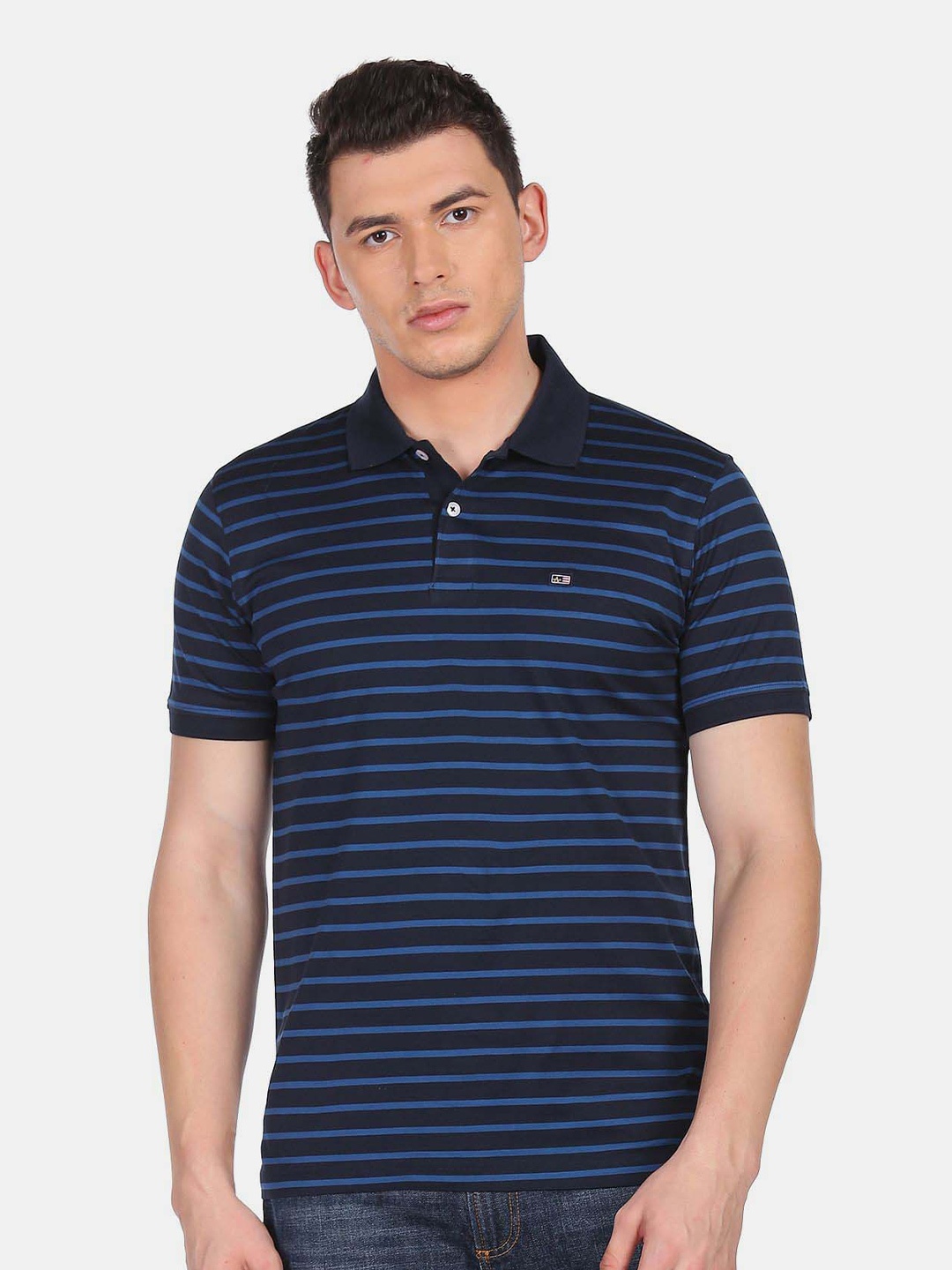 

Arrow Sport Striped Polo Collar Cotton T-shirt, Navy blue