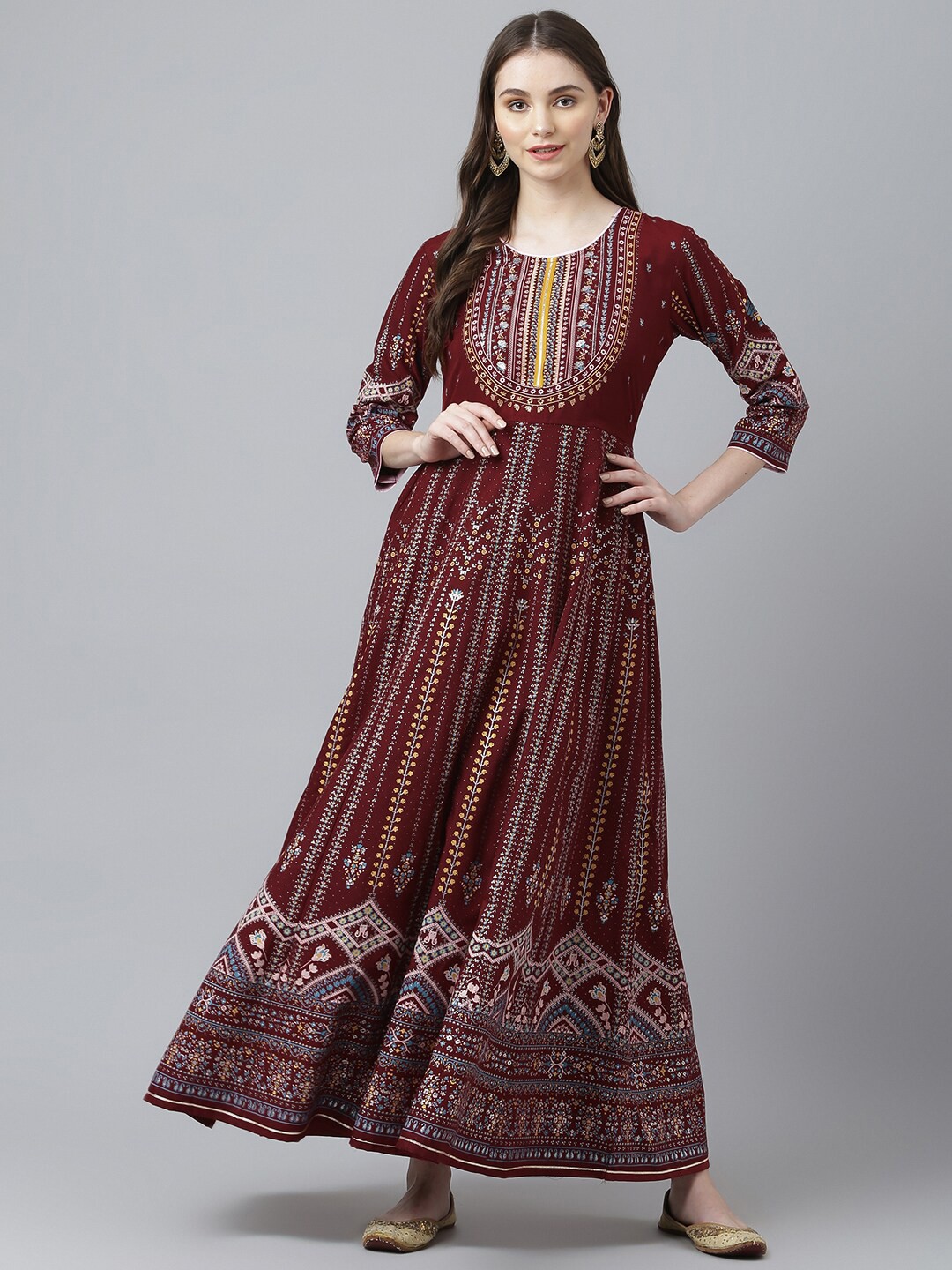 

Kiana Ethnic Motifs Printed Fit & Flare Maxi Dress, Maroon
