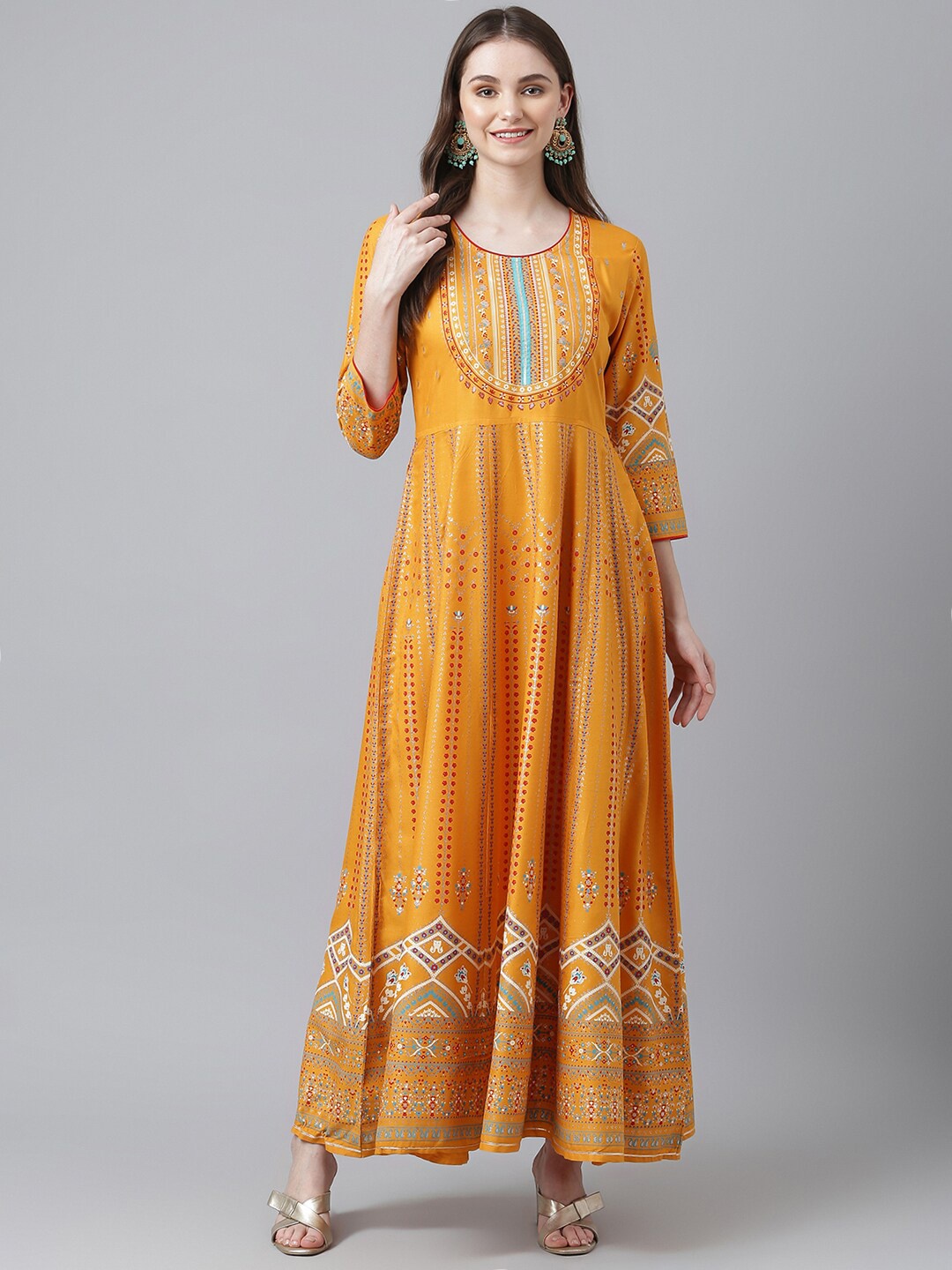 

Kiana Ethnic Motifs Printed Fit & Flare Maxi Dress, Yellow