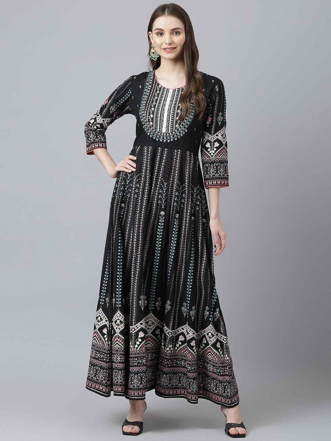 

Kiana Ethnic Motifs Printed Maxi Ethnic Dress, Black