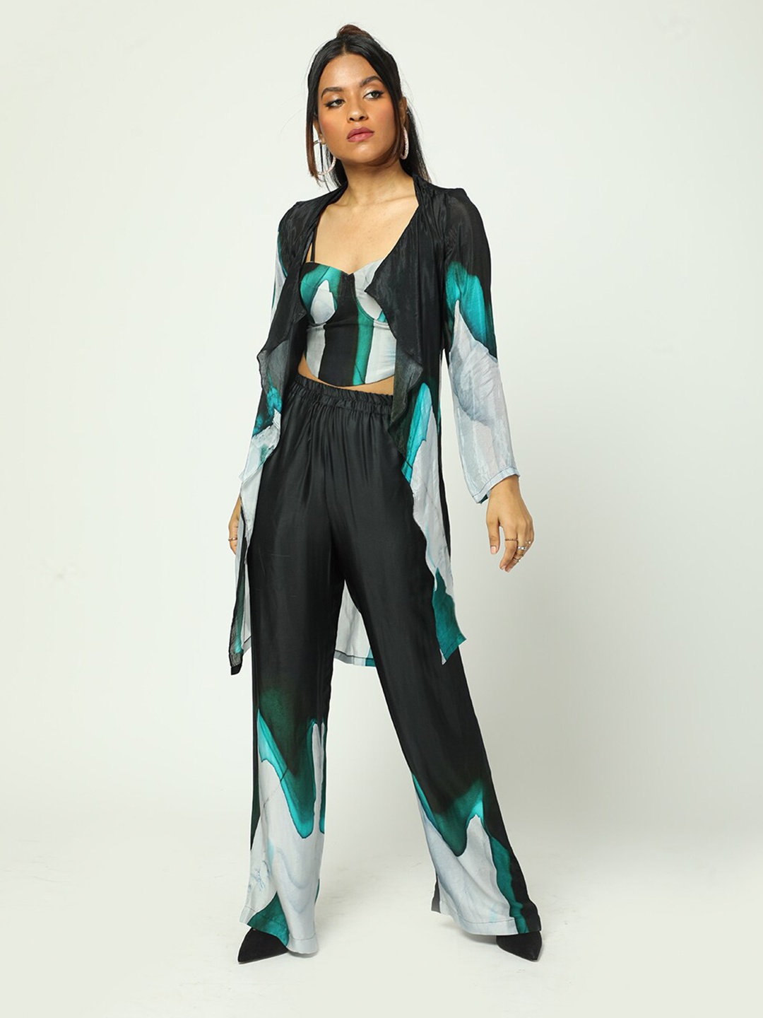 

MISSY Women Abstract Printed Longline Open Front Shrug, Black