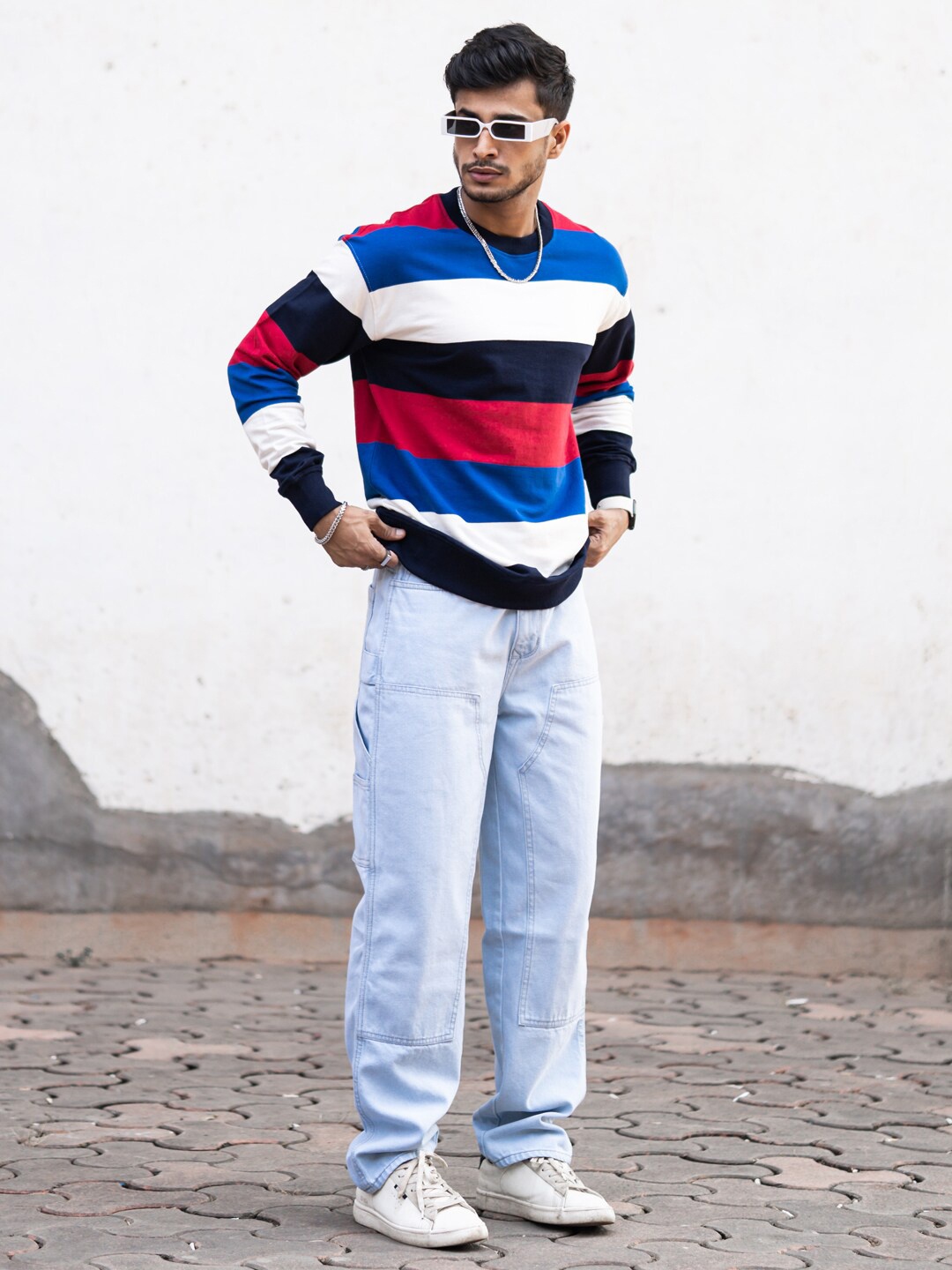 

Powerlook Striped Round Neck Long Sleeve T-shirt, White
