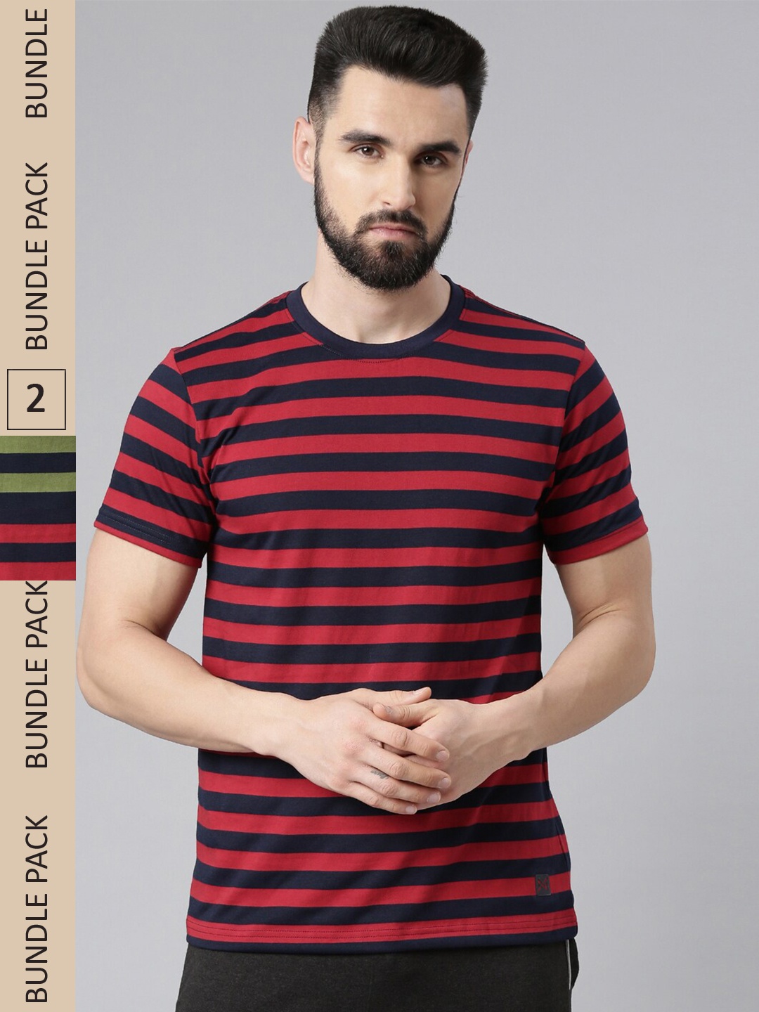 

Force NXT Men Pack Of 2 Striped Super Combed Cotton T-shirts, Black