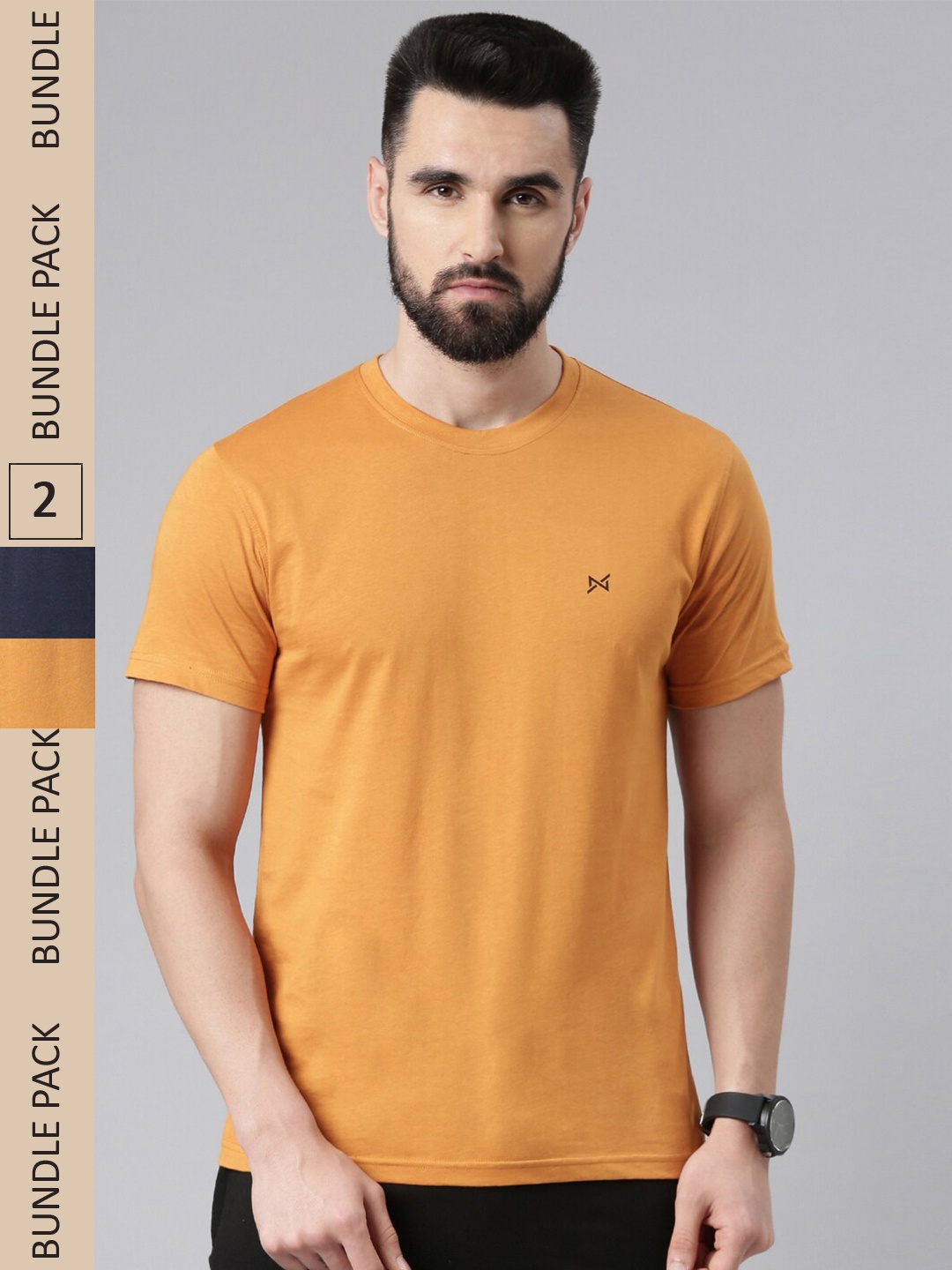 

Force NXT Pack Of 2 Cotton Slim Fit Super Combed Cotton T-shirts, Mustard