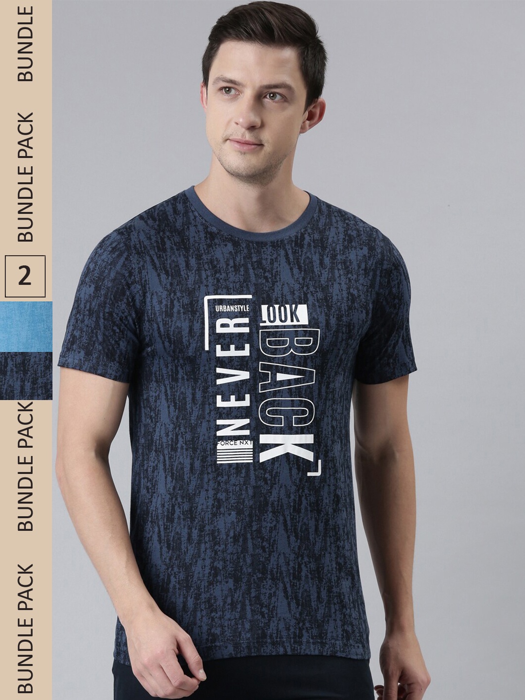 

Force NXT Pack Of 2 Typography Printed Slim Fit Super Combed Cotton T-shirts, Navy blue