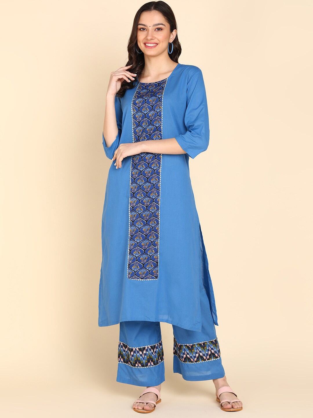 

Sangria Ethnic Printed Pure Cotton A-Line Kurta With Palazzo, Blue