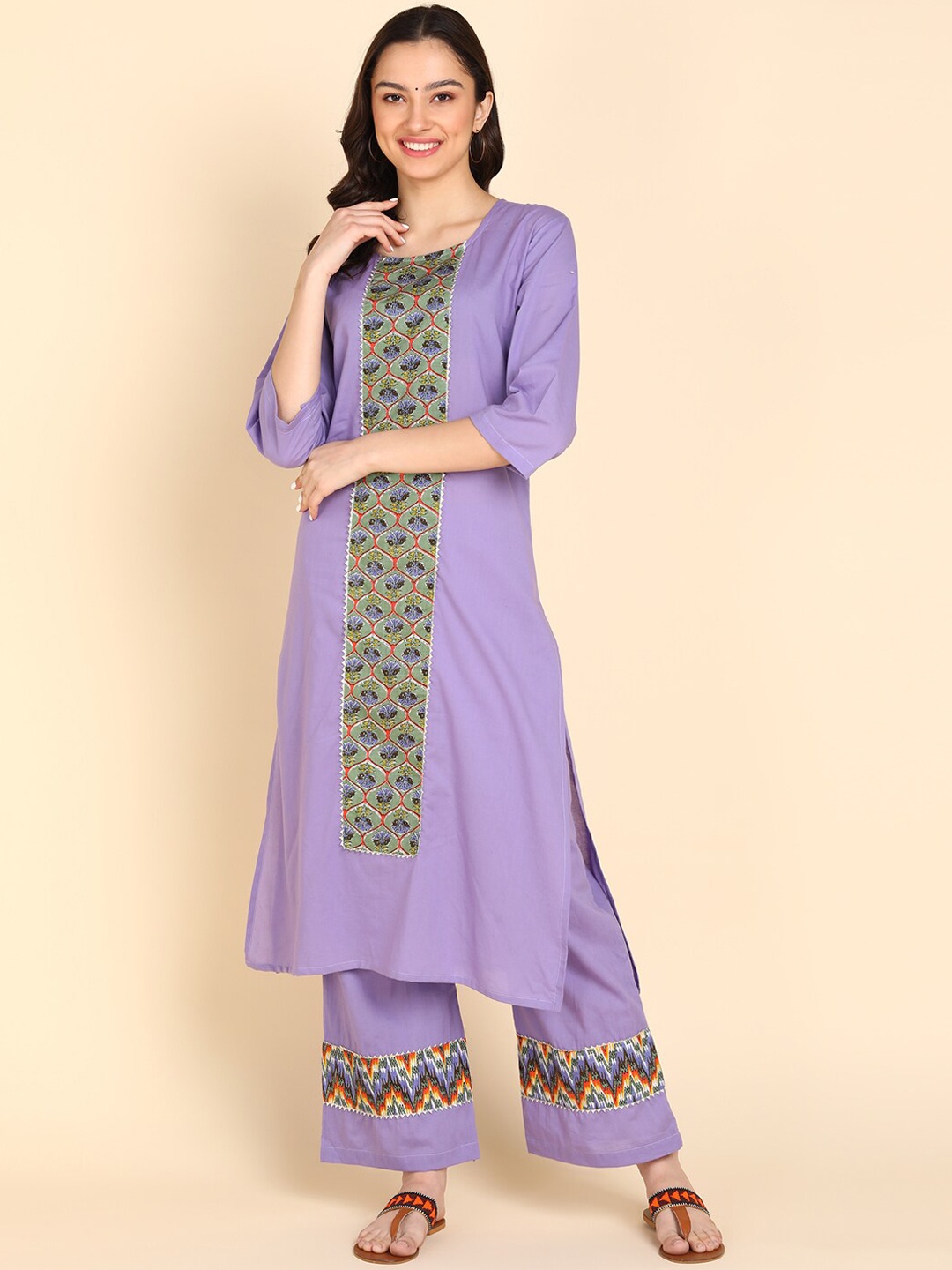 

Sangria Ethnic Printed Pure Cotton Straight Kurta With Palazzo, Purple