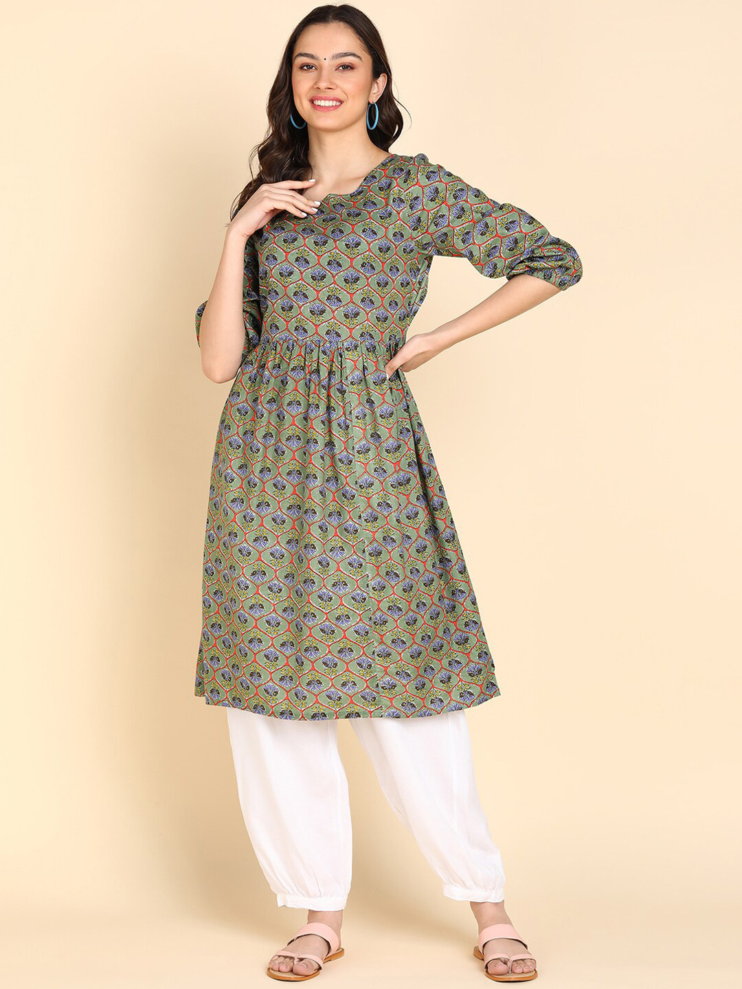 

Sangria Ethnic Printed Pure Cotton A-Line Kurta With Salwar, Green