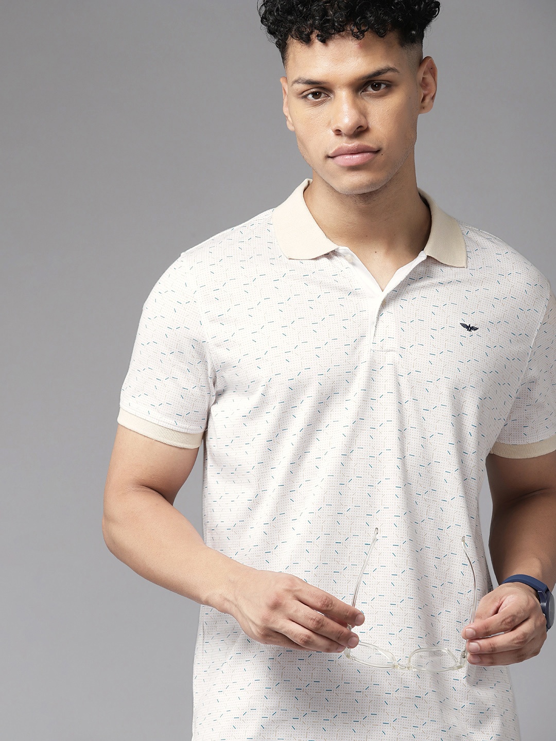 

Park Avenue Men Geometric Print Polo Collar Slim Fit T-shirt, White