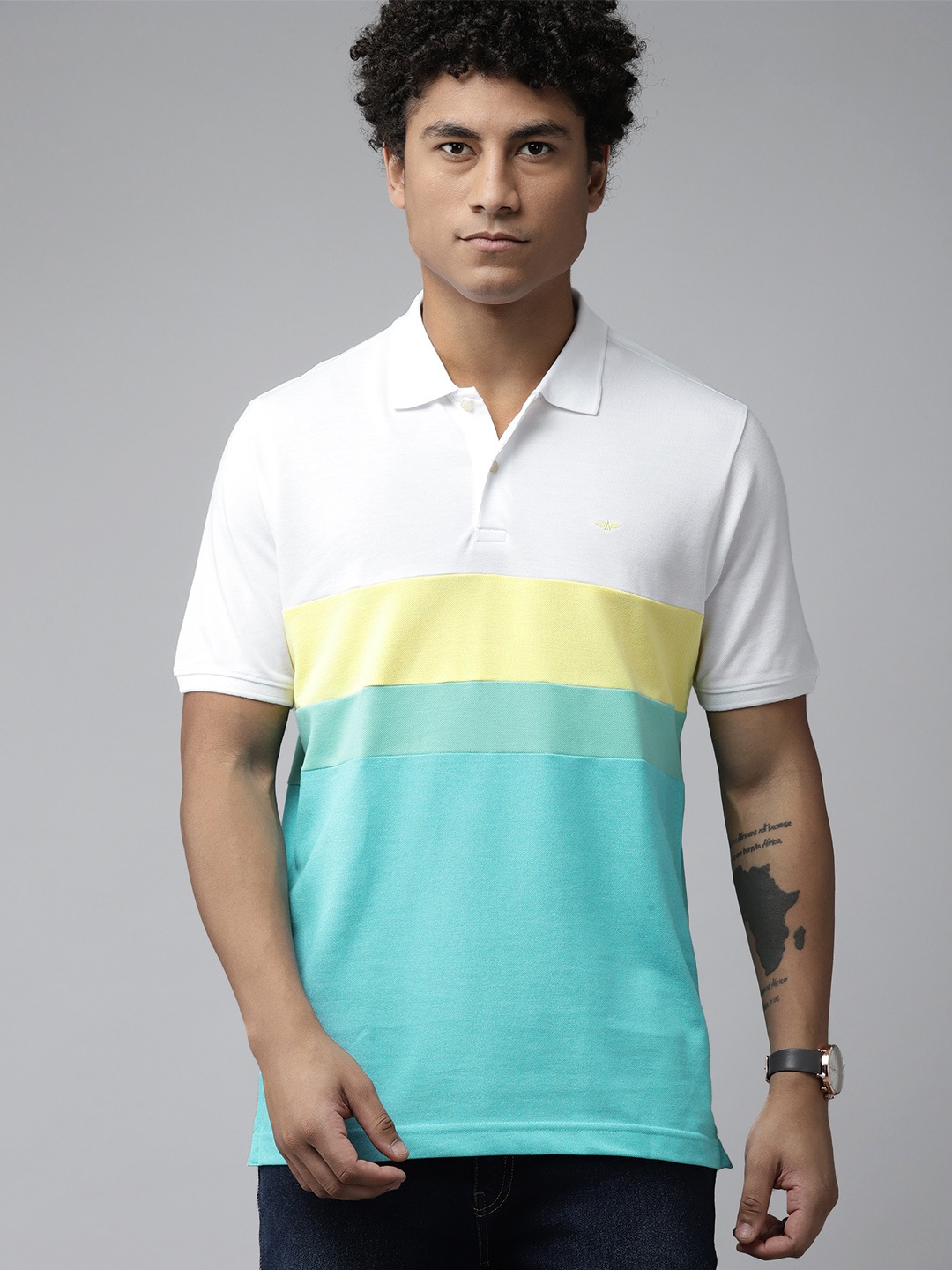 

Park Avenue Colourblocked Polo Collar Slim Fit T-shirt, Turquoise blue