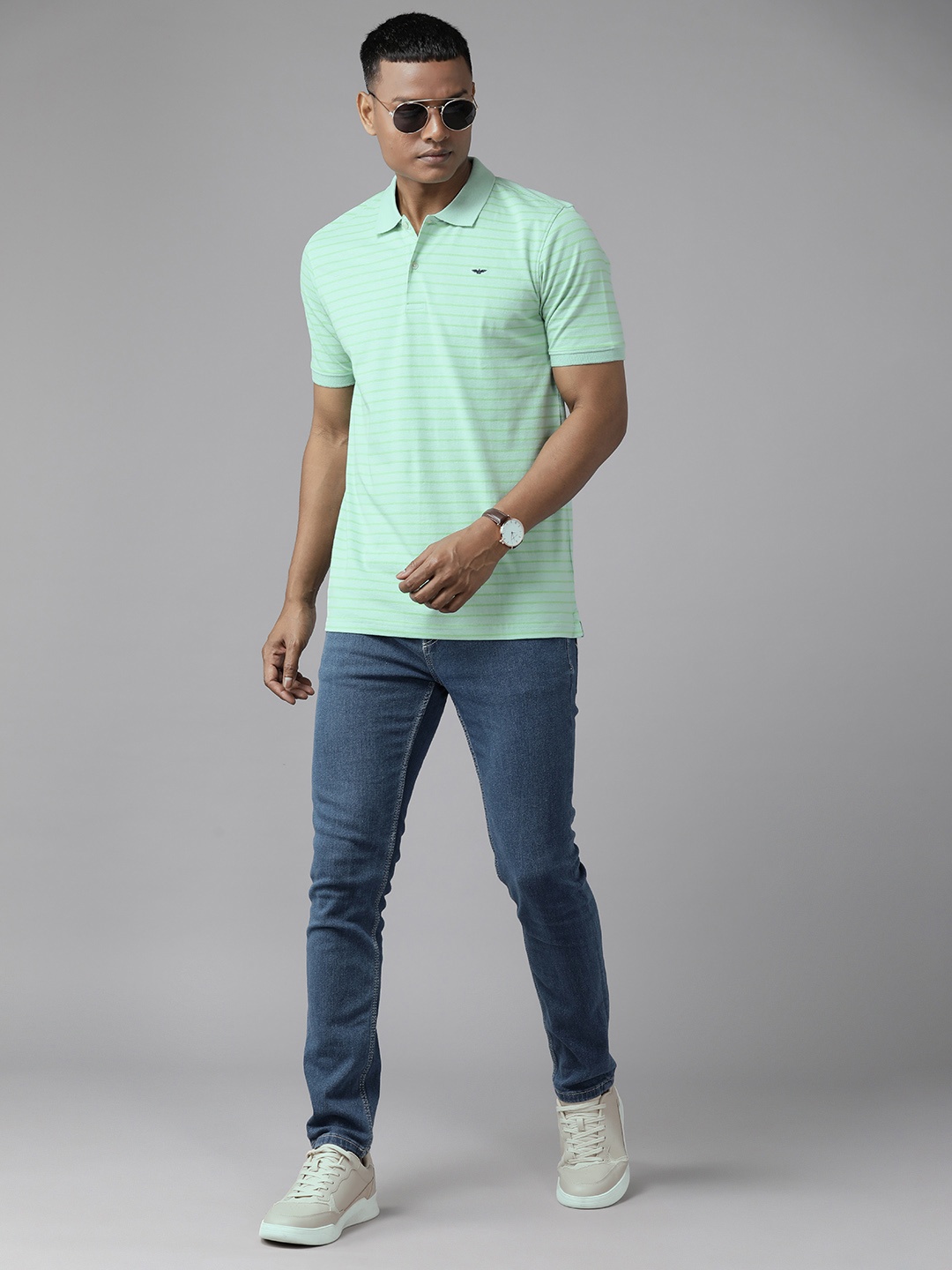 

Park Avenue Men Striped Polo Collar Slim Fit T-shirt, Green