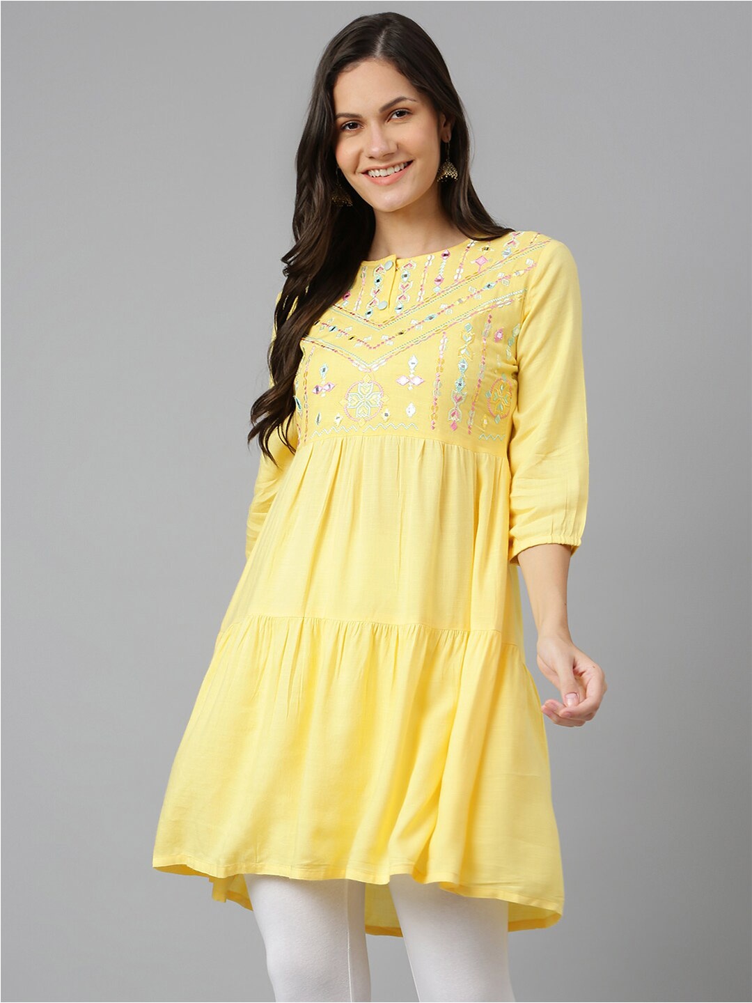 

Kiana House Of Fashion Yellow Ethnic Motifs Embroidered Longline Top