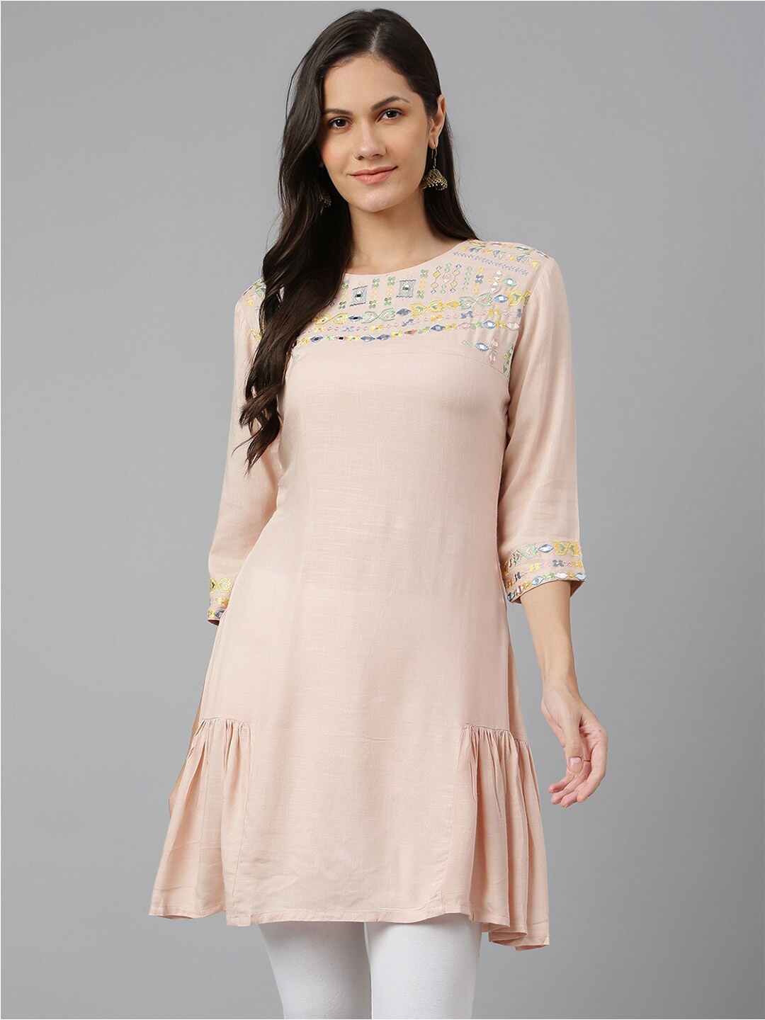 

Kiana Ethnic Motif Embroidered Boat Neck Longline Top, Peach
