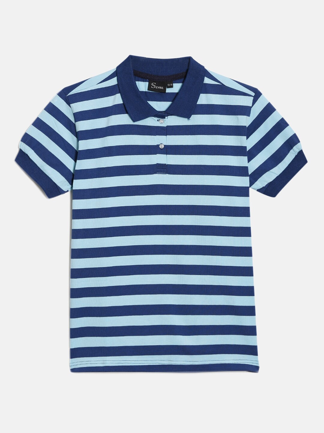 

SEYBIL Girls Striped Short Sleeve Polo Collar Pure Cotton T-shirt, Blue