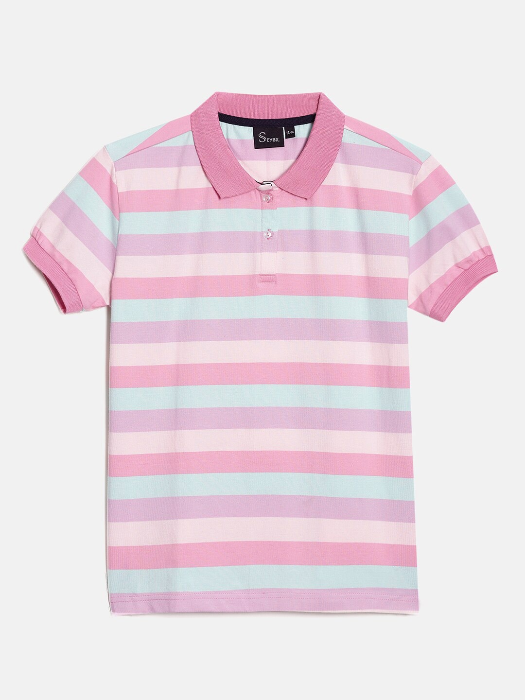 

SEYBIL Girls Striped Polo Collar Slim Fit Pure cotton T-shirt, Pink