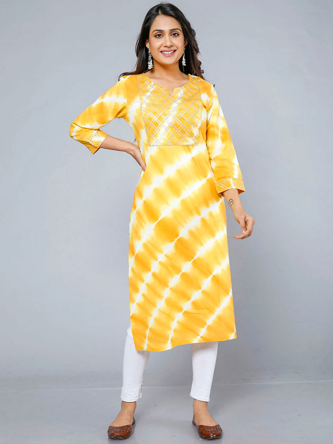 

Jevi Prints Leheriya Dyed Thread Work Kurta, Yellow