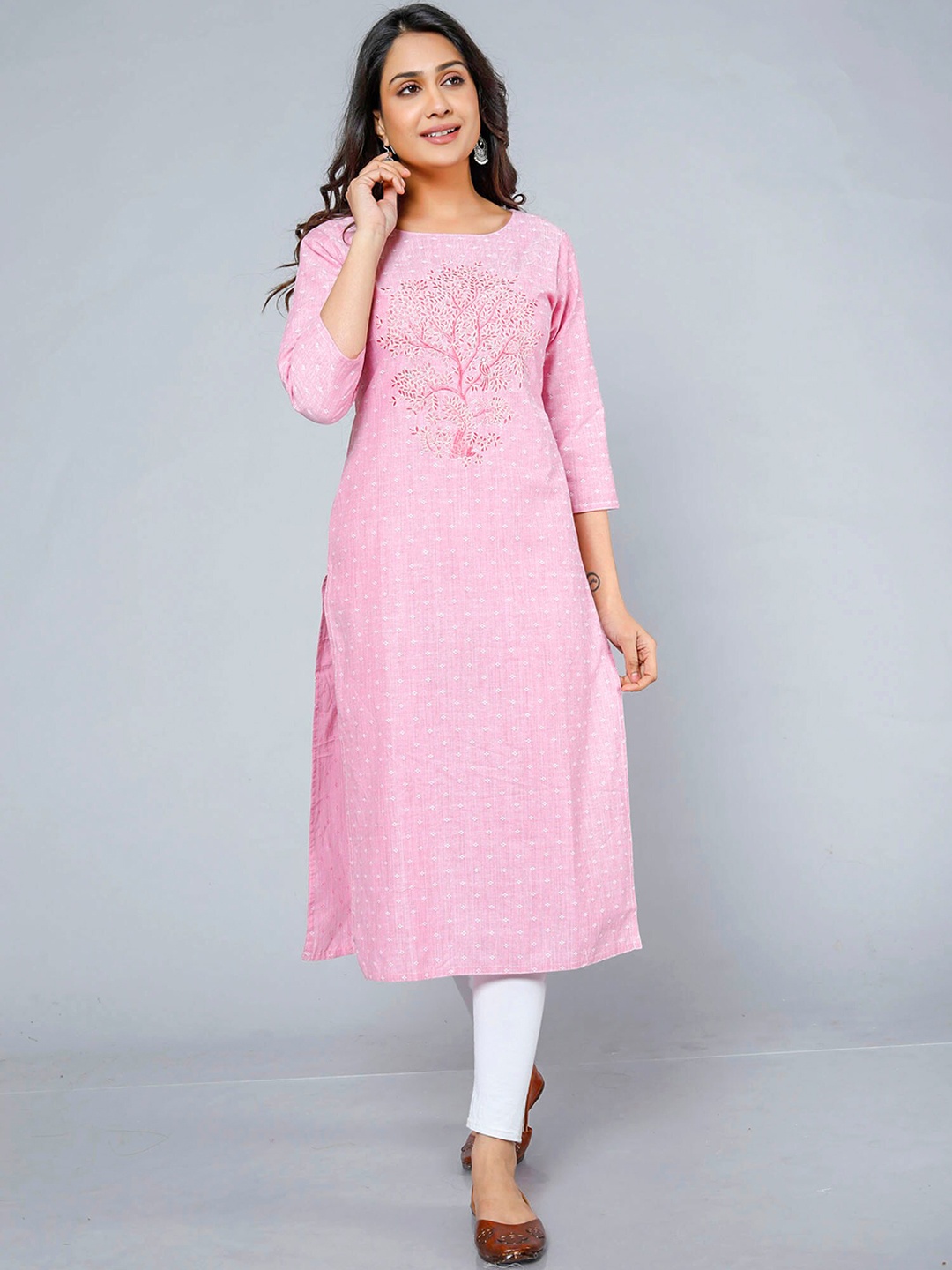 

Jevi Prints Floral Embroidered Thread Work Khadi Cotton Kurta, Pink