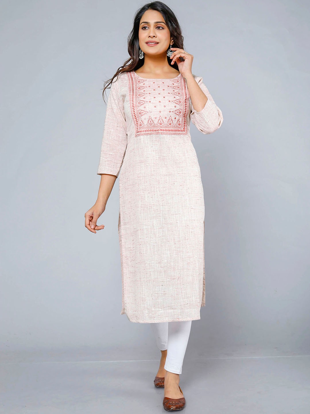 

Jevi Prints Ethnic Motifs Yoke Design Mirror Work Cotton Kurta, Coral