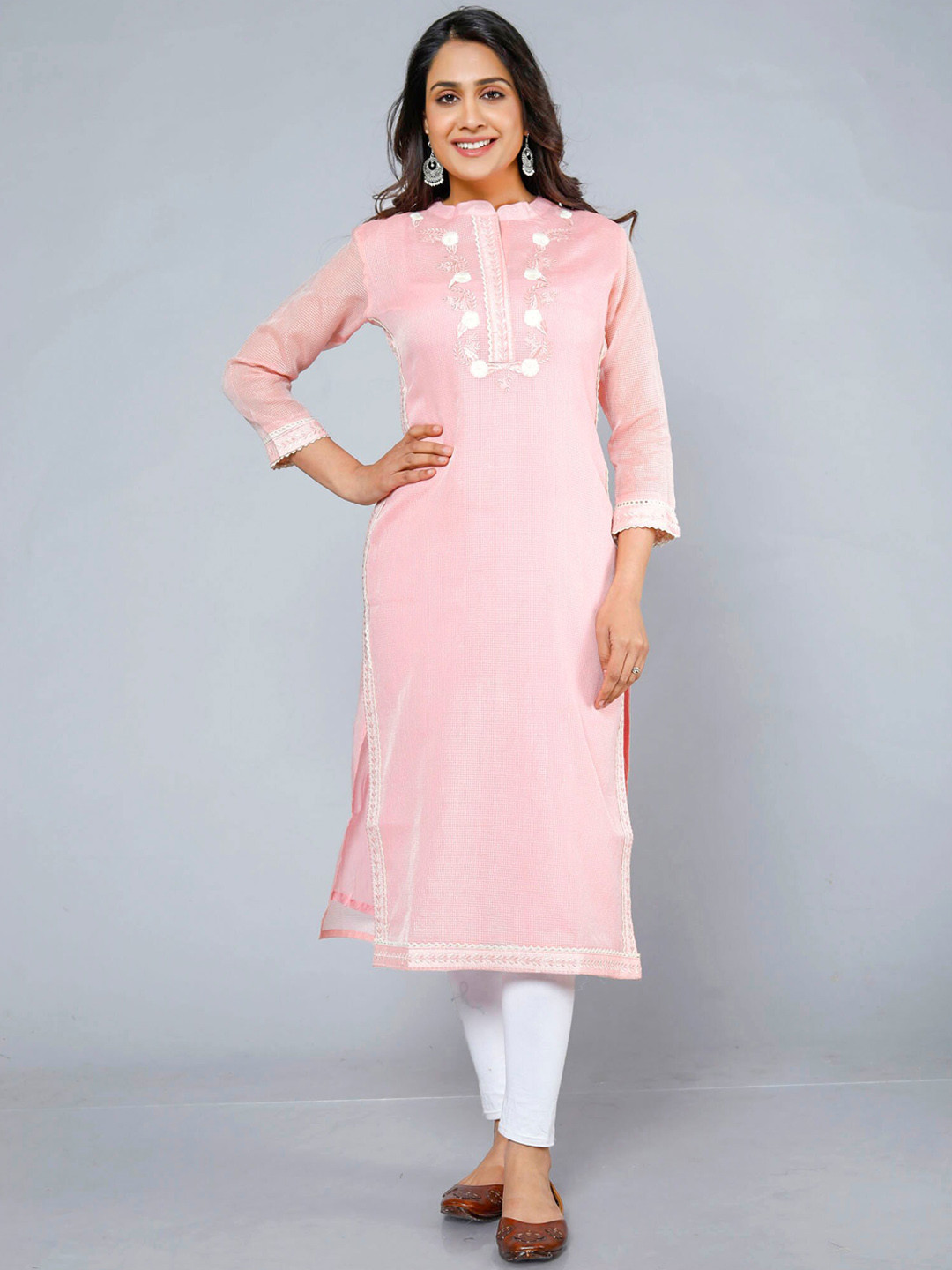 

Jevi Prints Mandarin Collar Yoke Design Pastels Kurta, Pink
