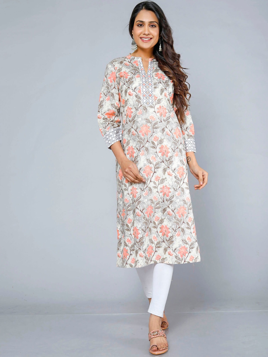 

Jevi Prints Floral Print Gotta Patti Cotton Kurta, Grey