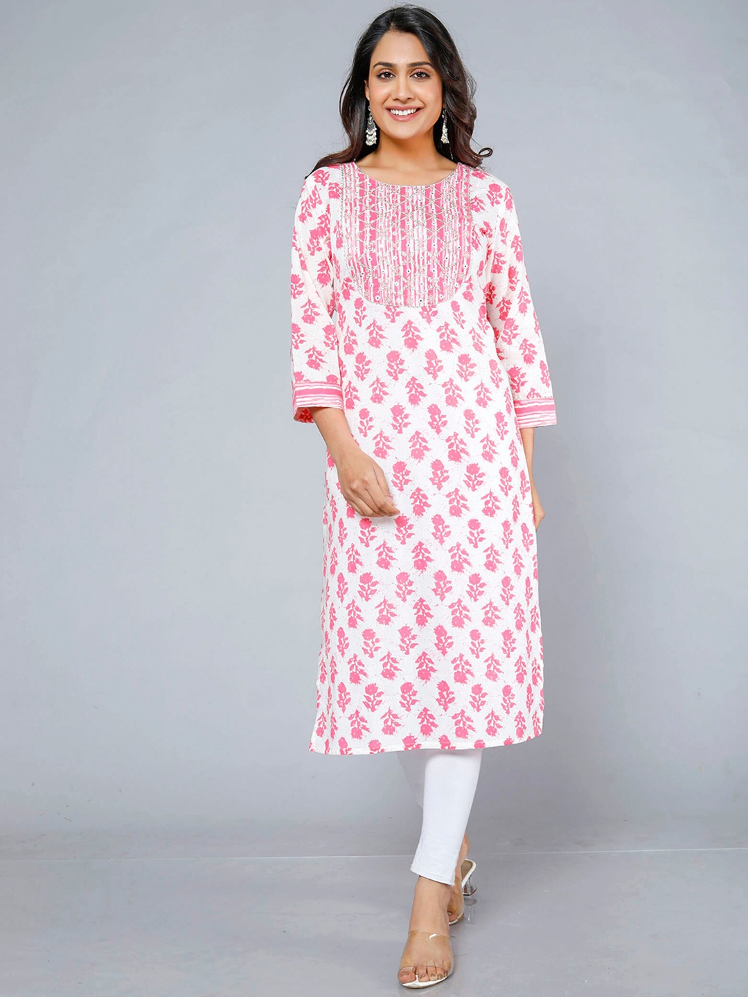 

Jevi Prints Floral Printed Mirror Work Cotton Kurta, White