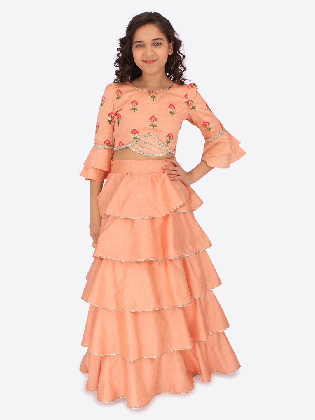 

CUTECUMBER Girls Embroidered Silk Ready to Wear Lehenga, Peach