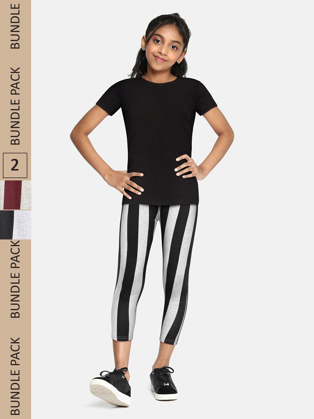 

SEYBIL Girls Pack Of 2 Striped Capris, Grey melange