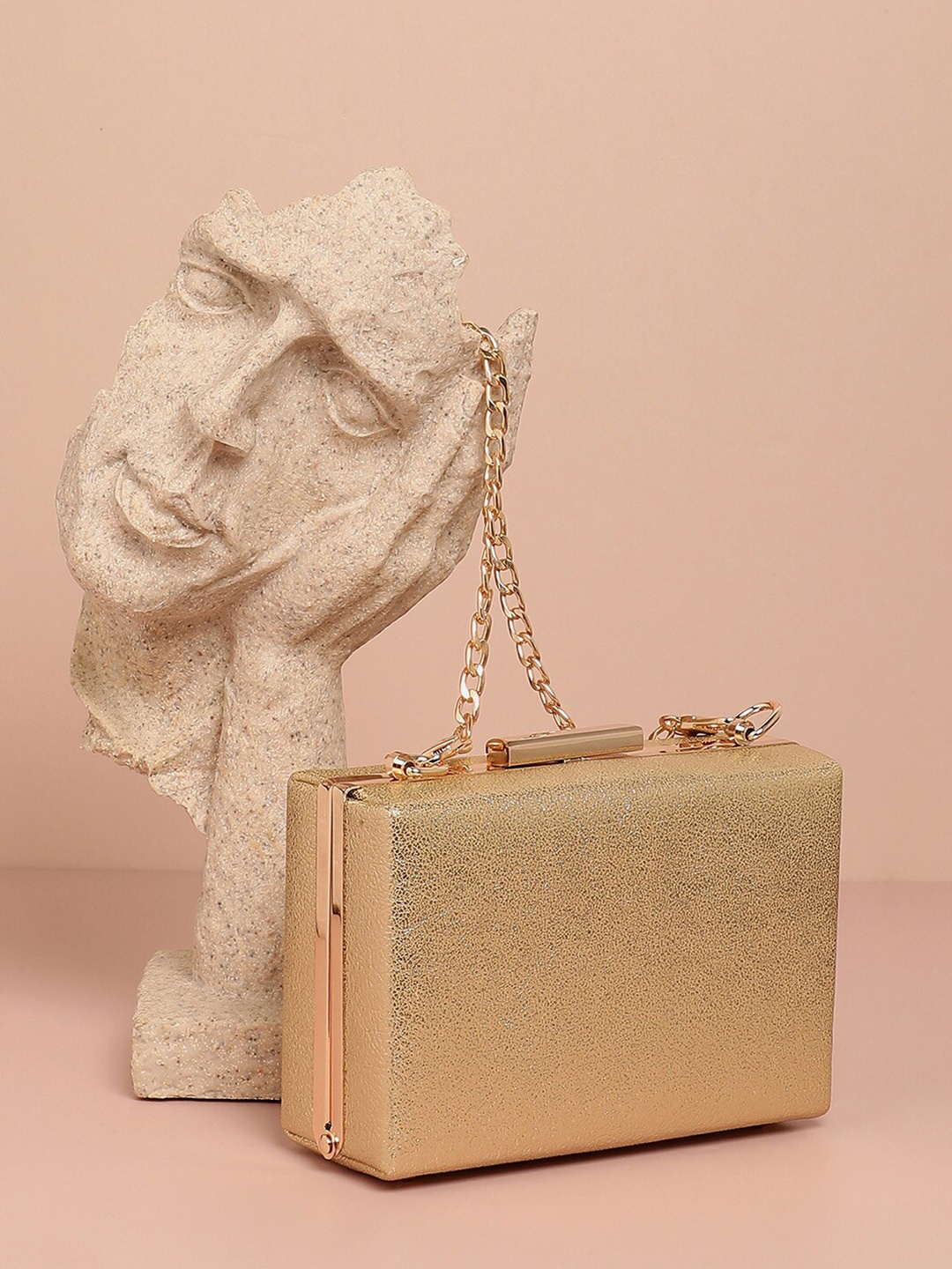 

HAUTE SAUCE by Campus Sutra Vegan Leather Box Clutch, Gold