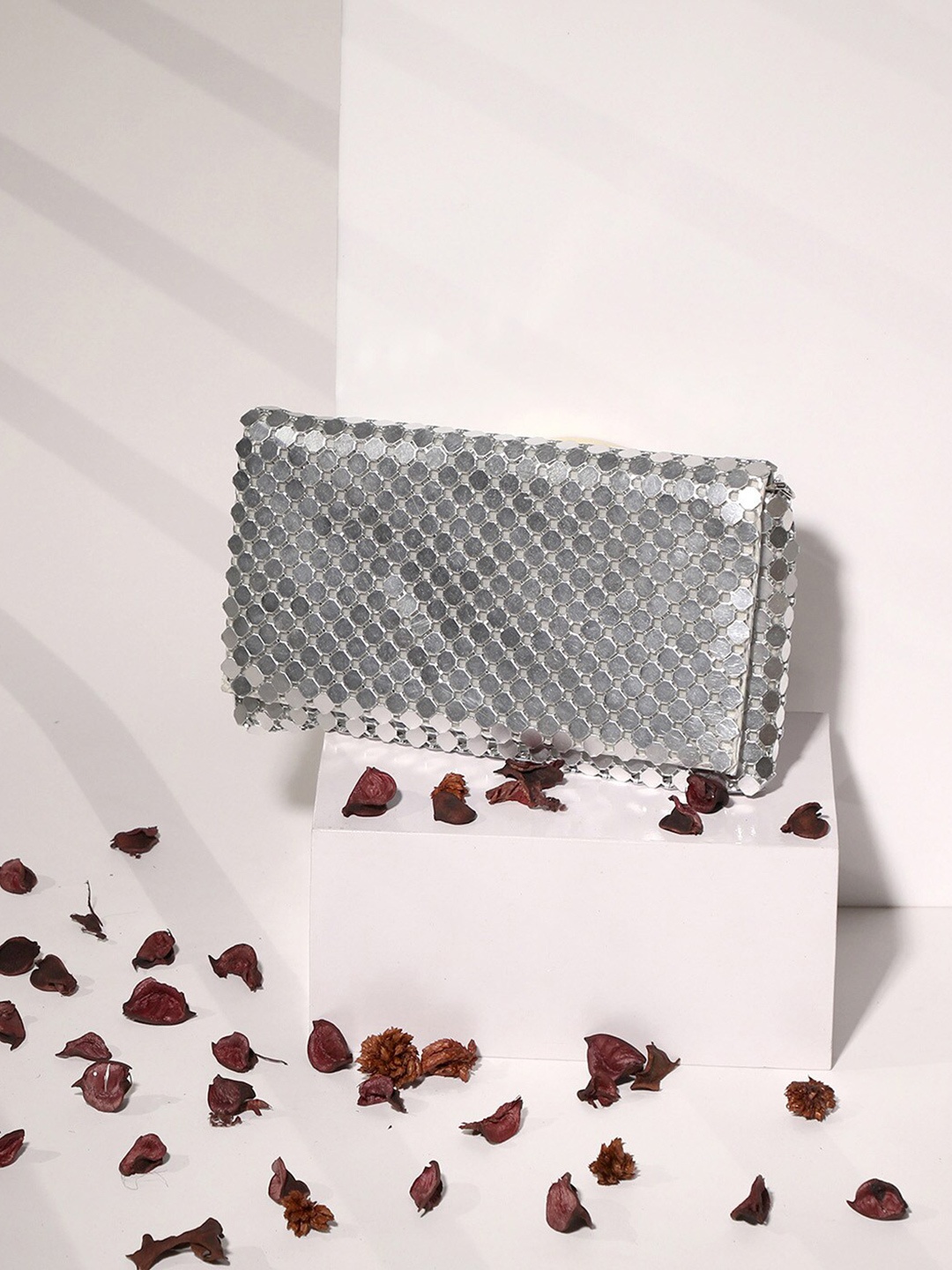 

HAUTE SAUCE by Campus Sutra Textured Embellished Envelope Clutch, Silver