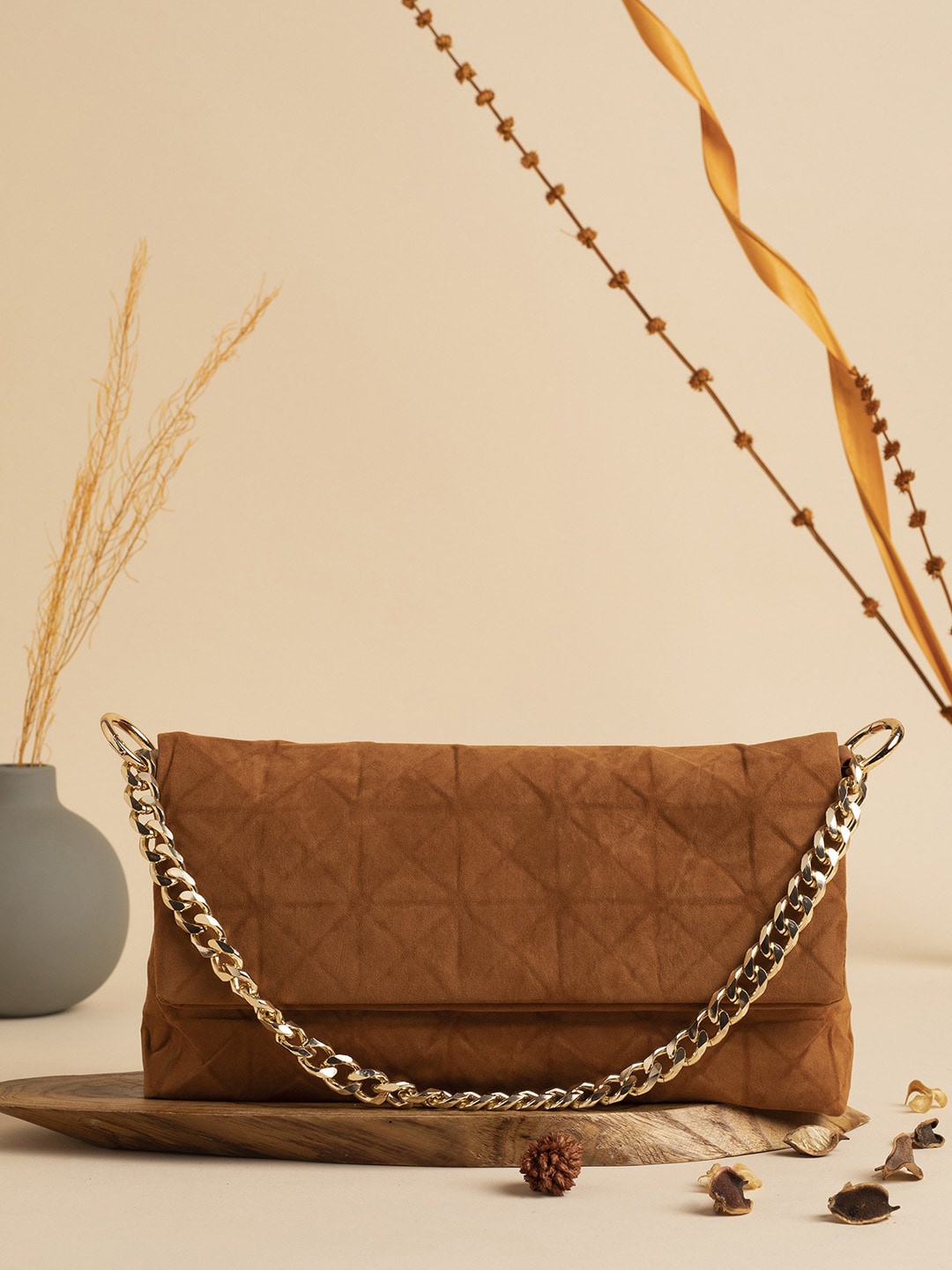 

HAUTE SAUCE by Campus Sutra Geometric Textured Structured Sling Bag, Tan