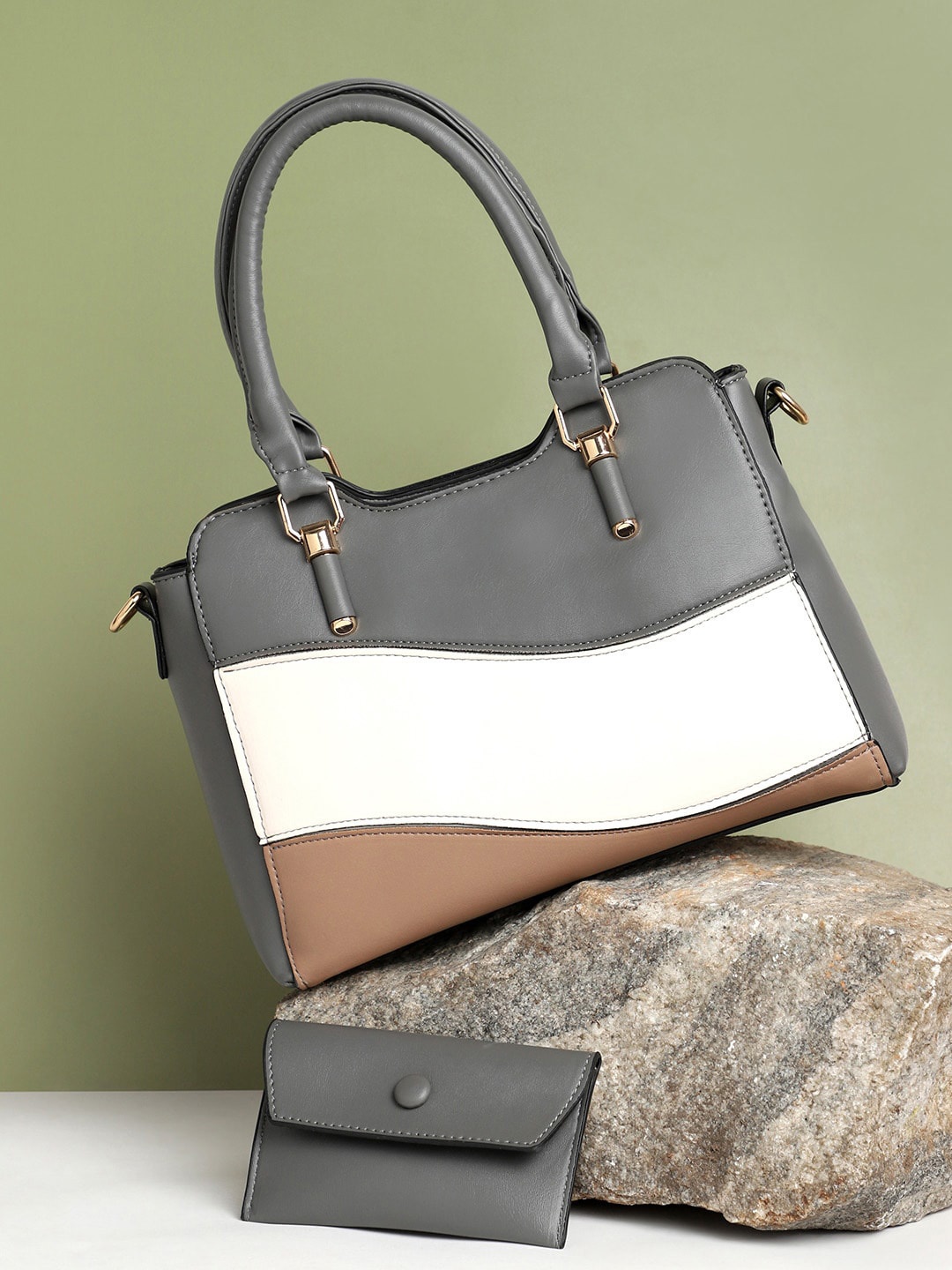 

HAUTE SAUCE by Campus Sutra Colourblocked Structured Handheld Bag, Grey