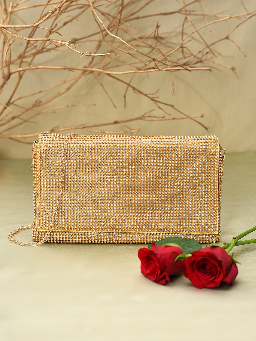 

HAUTE SAUCE by Campus Sutra Embellished Envelope Clutch, Gold