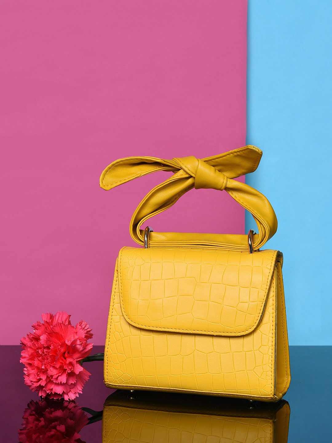 

HAUTE SAUCE by Campus Sutra Textured Structured HandHeld Bag With Tie Up Detail, Mustard