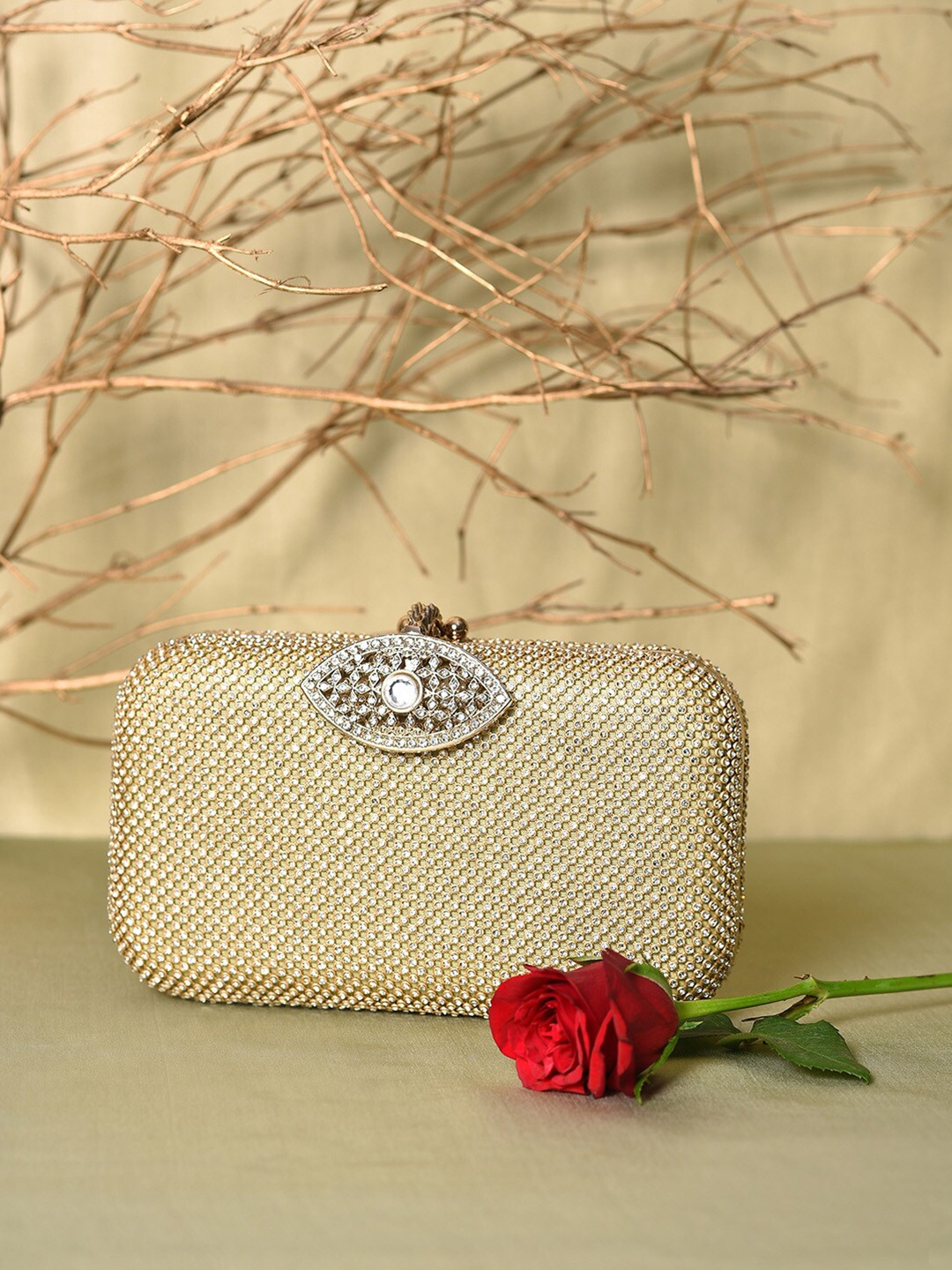 

HAUTE SAUCE by Campus Sutra Embellished Box Clutch, Gold