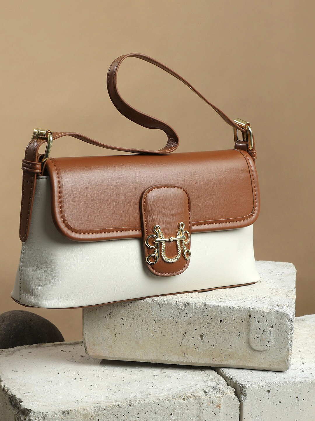 

HAUTE SAUCE by Campus Sutra Colourblocked PU Structured Shoulder Bag, Brown