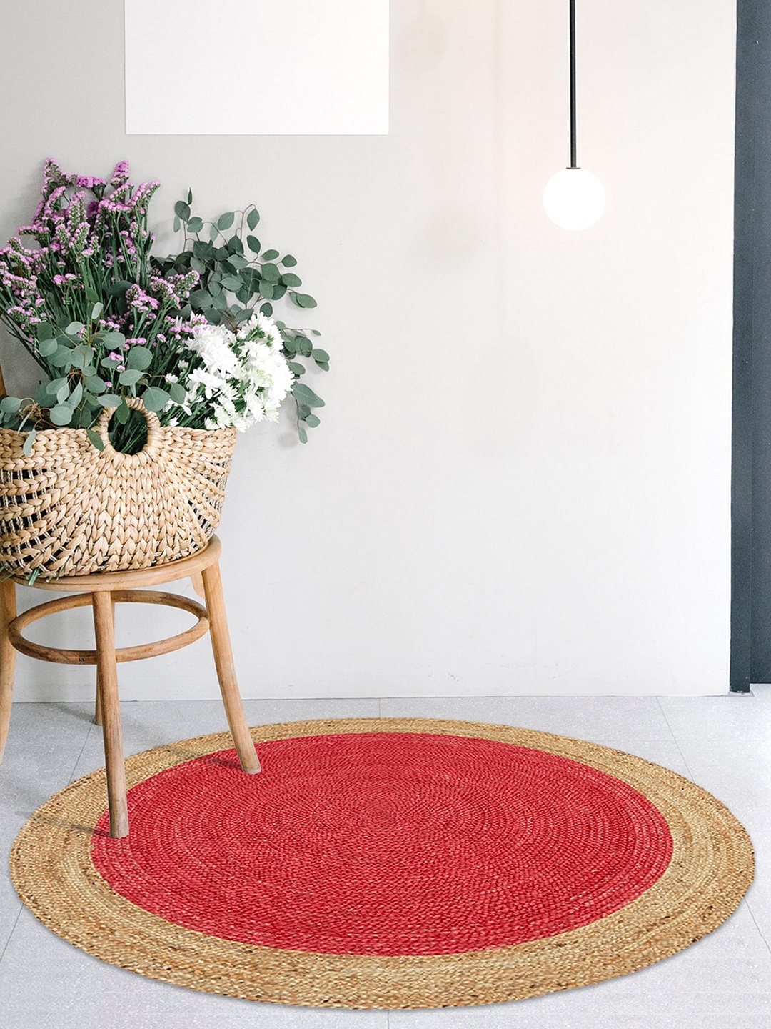 

HABERE INDIA Red & Beige Colourblocked Round Jute Carpet