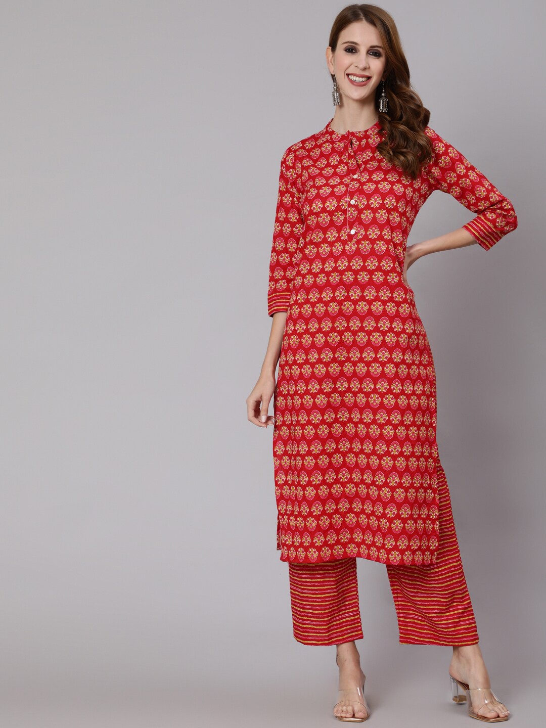 

antaran Floral Printed Pure Cotton Kurta with Trousers, Red