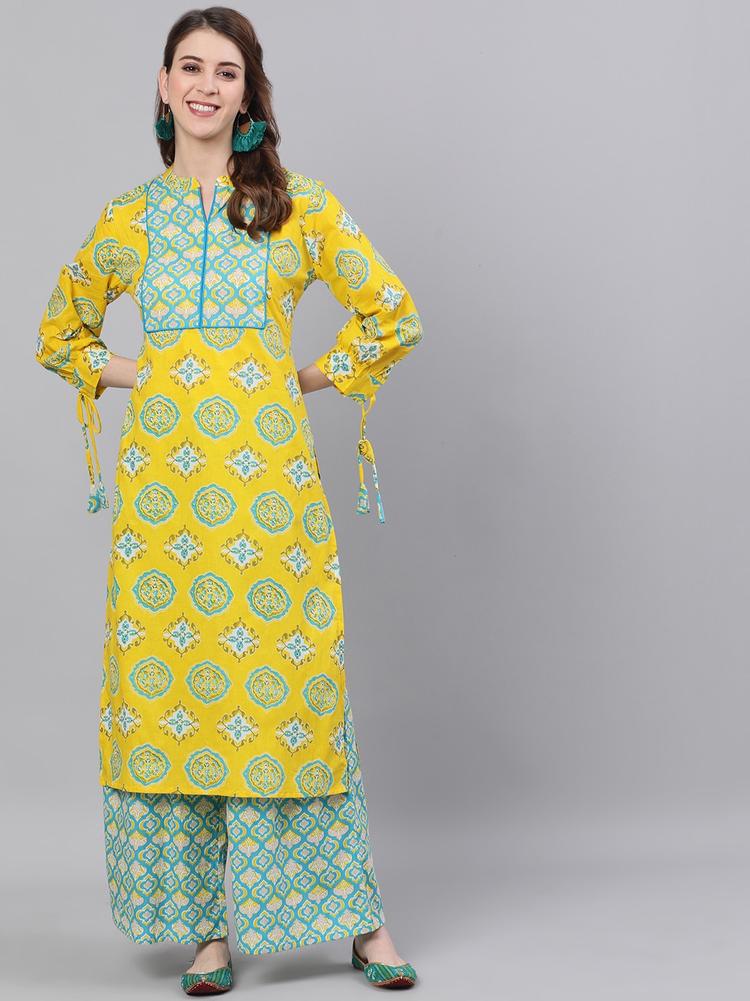 

antaran Women Ethnic Motif Printed Pure Cotton Kurta with Palazzos, Yellow