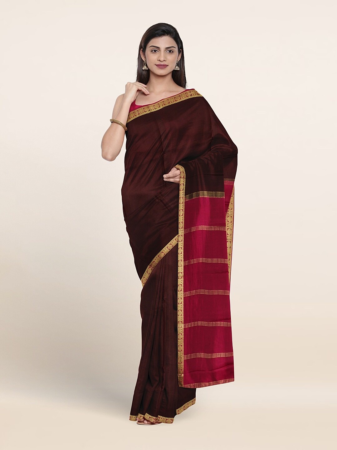 

Pothys Zari Pure Mysore Silk Saree, Brown