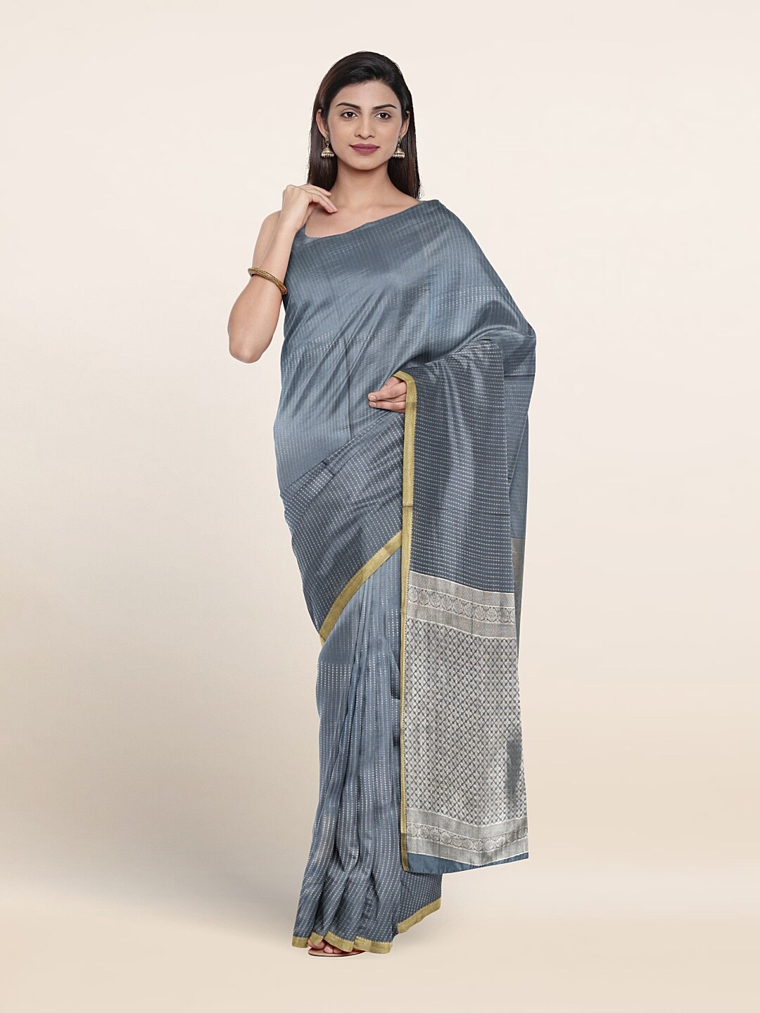 

Pothys Woven Design Zari Pure Mysore Silk Saree, Grey