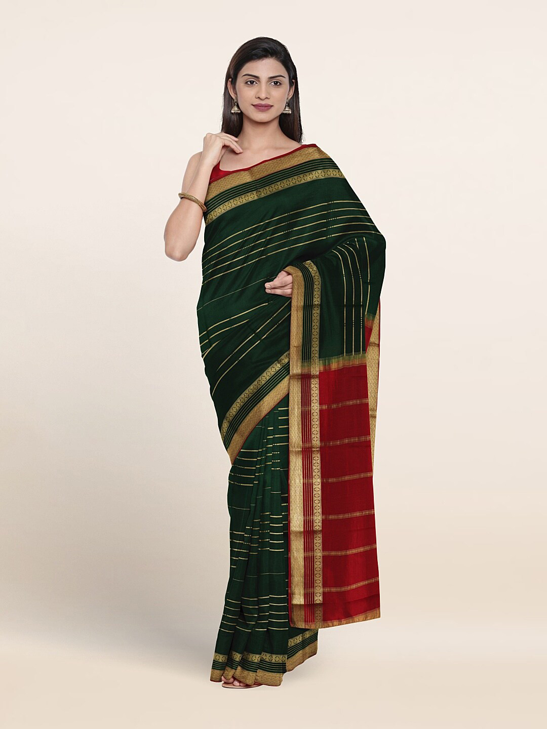 

Pothys Woven design Striped Zari Pure Silk Saree, Green