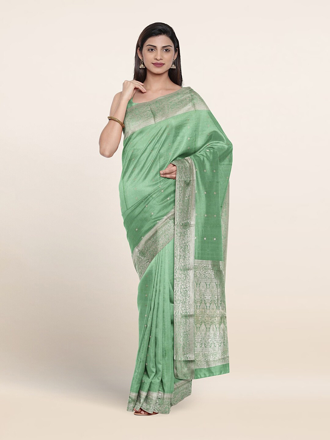 

Pothys Floral Woven Design Zari Pure Mysore Silk Saree, Green