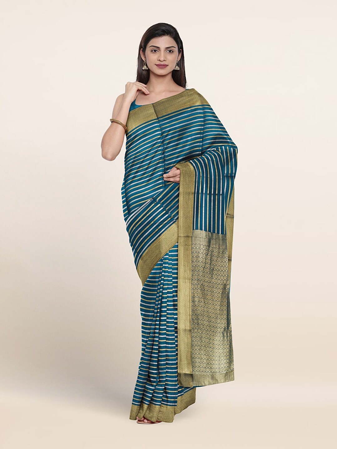 

Pothys Striped Woven Design Zari Pure Mysore Silk Saree, Blue