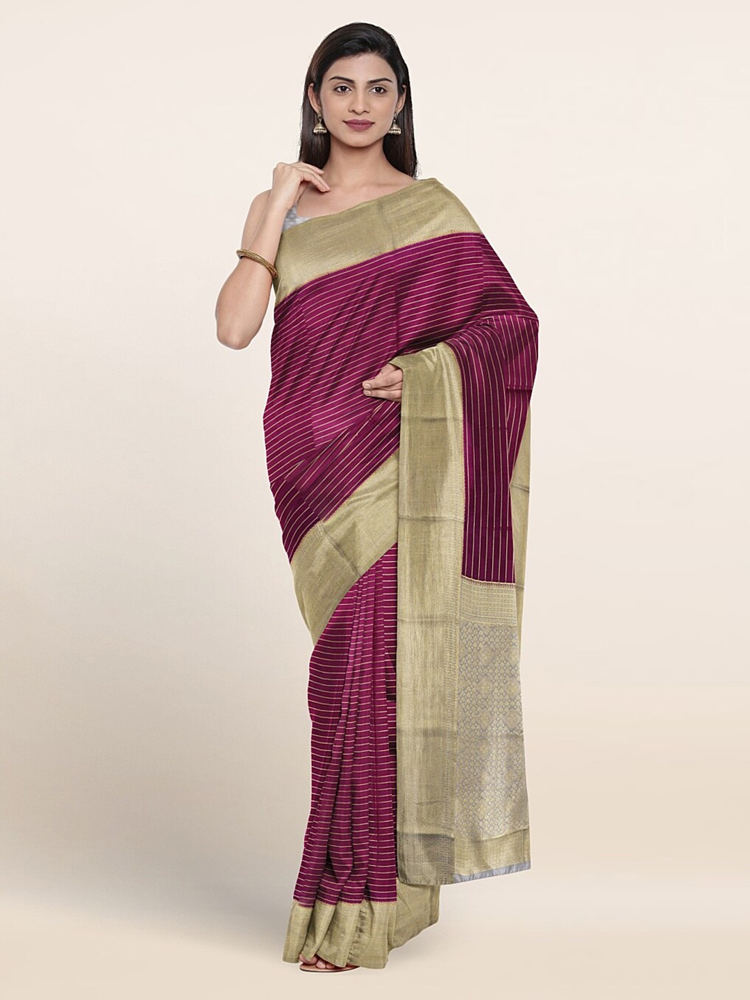 

Pothys Striped Woven Design Border Zari Pure Silk Saree, Purple