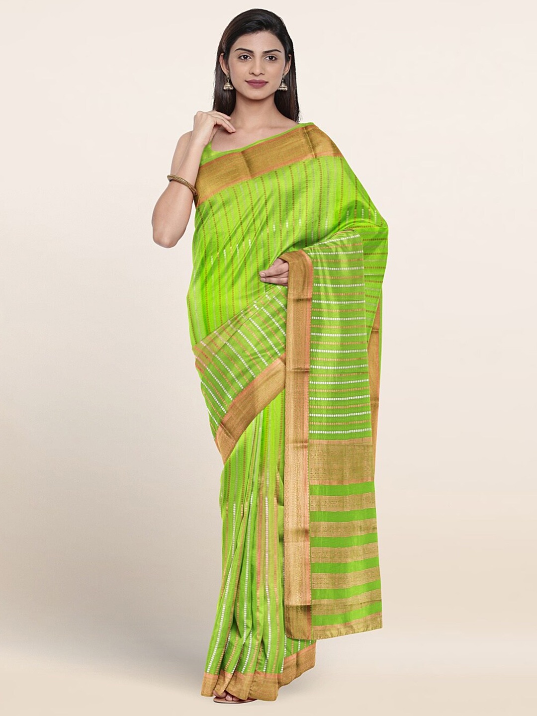

Pothys Striped Zari Pure Silk Saree, Green