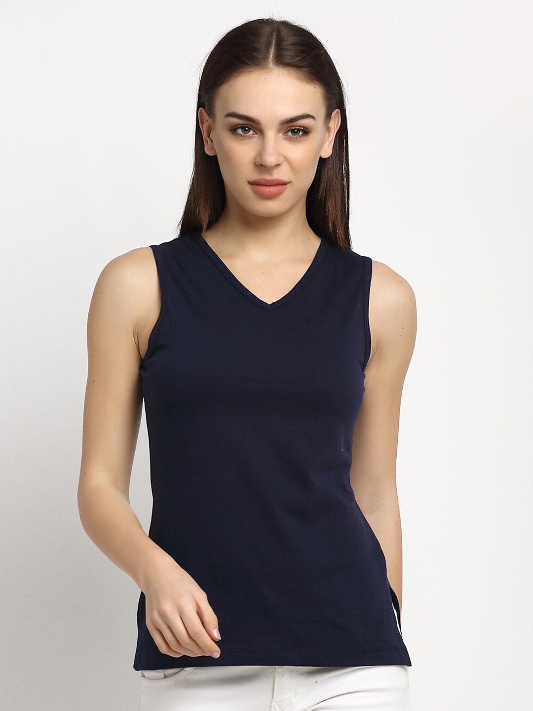 

Rute V-Neck Sleeveless Cotton T-shirt, Navy blue