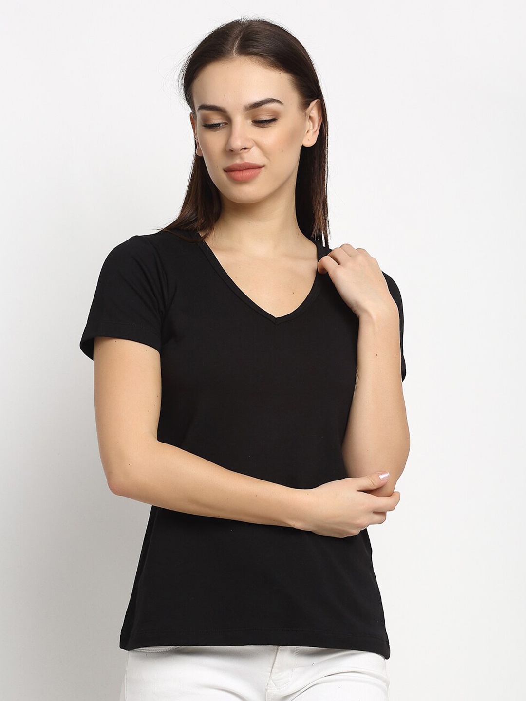 

Rute Women V-Neck Cotton T-shirt, Black