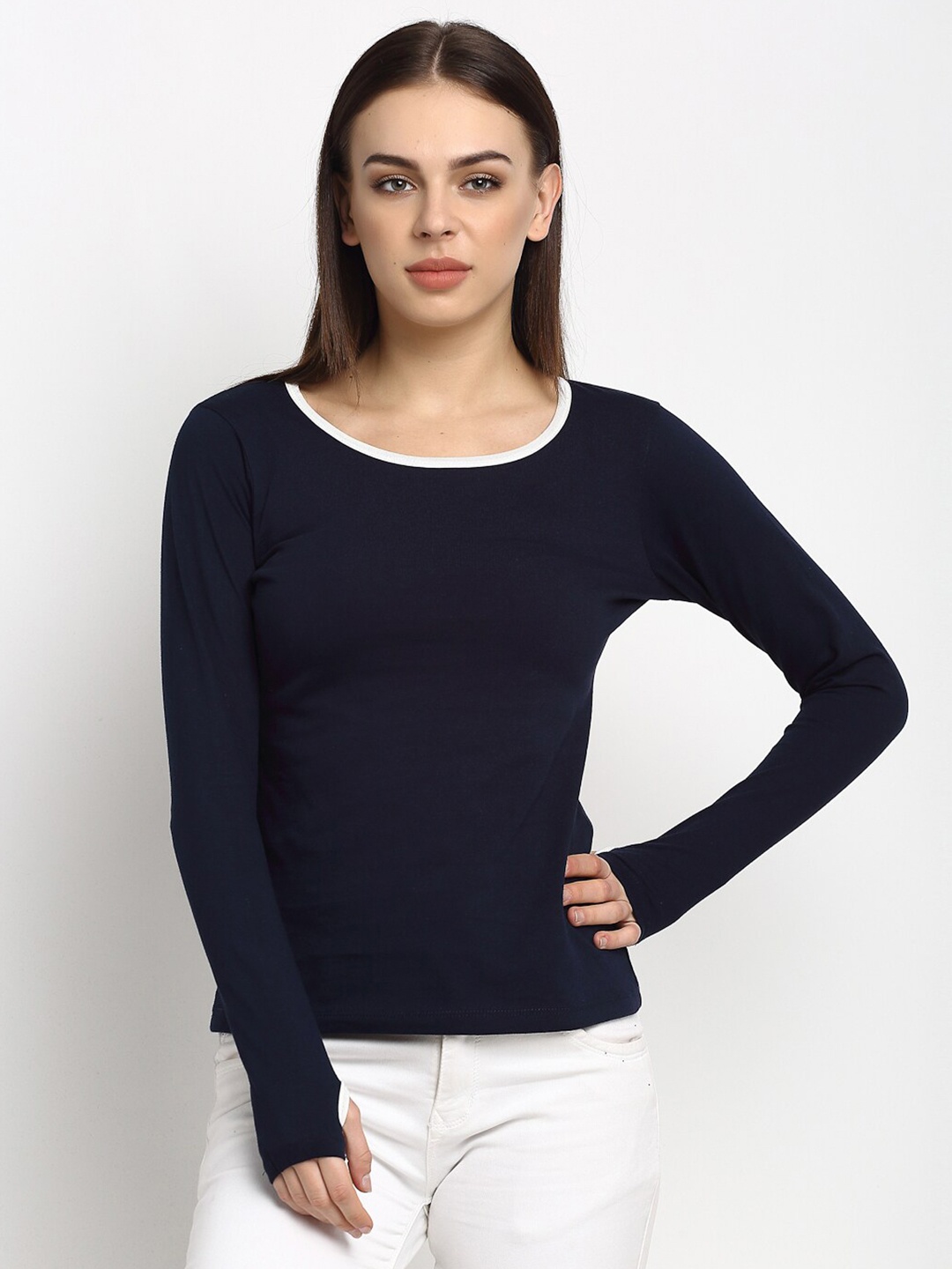 

Rute Women Long Sleeves Cotton T-shirt, Navy blue