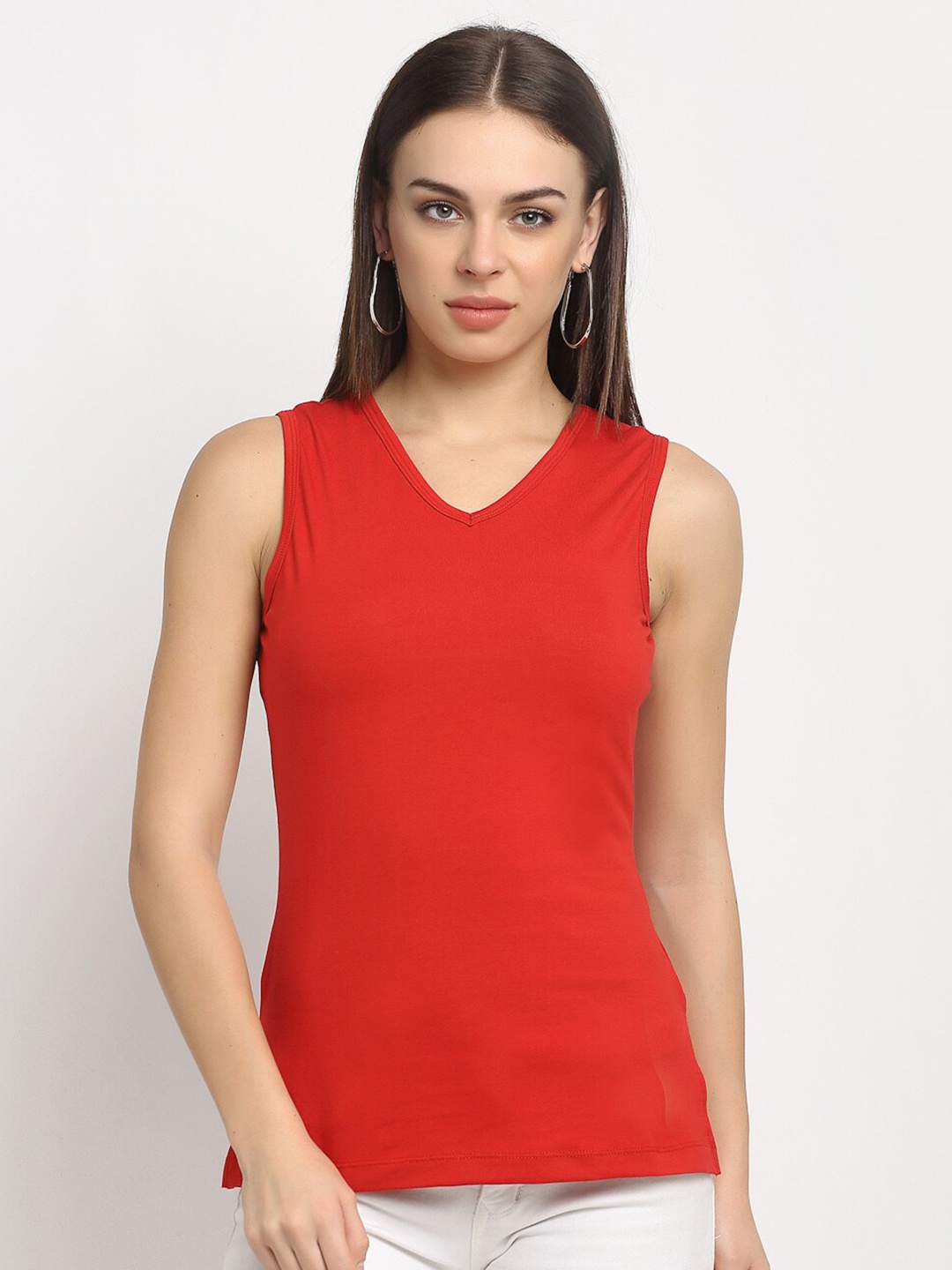 

Rute Women V-Neck Sleeveless Pure Cotton T-shirt, Red